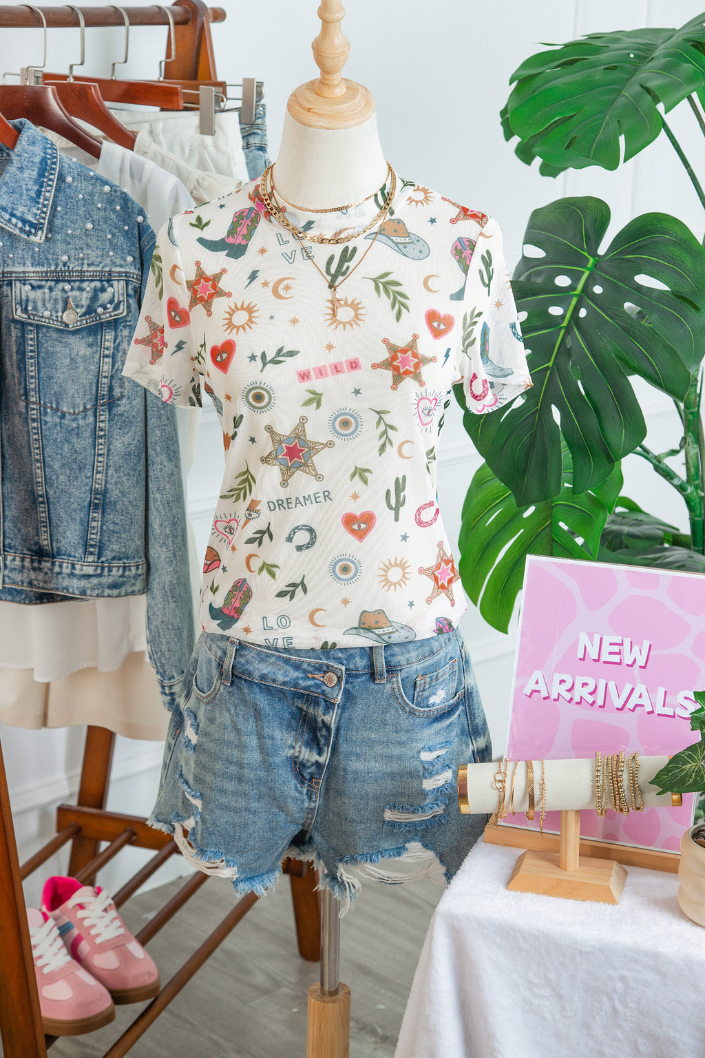 White LOVE WILD DREAMER Western Print Sheer Mesh Top