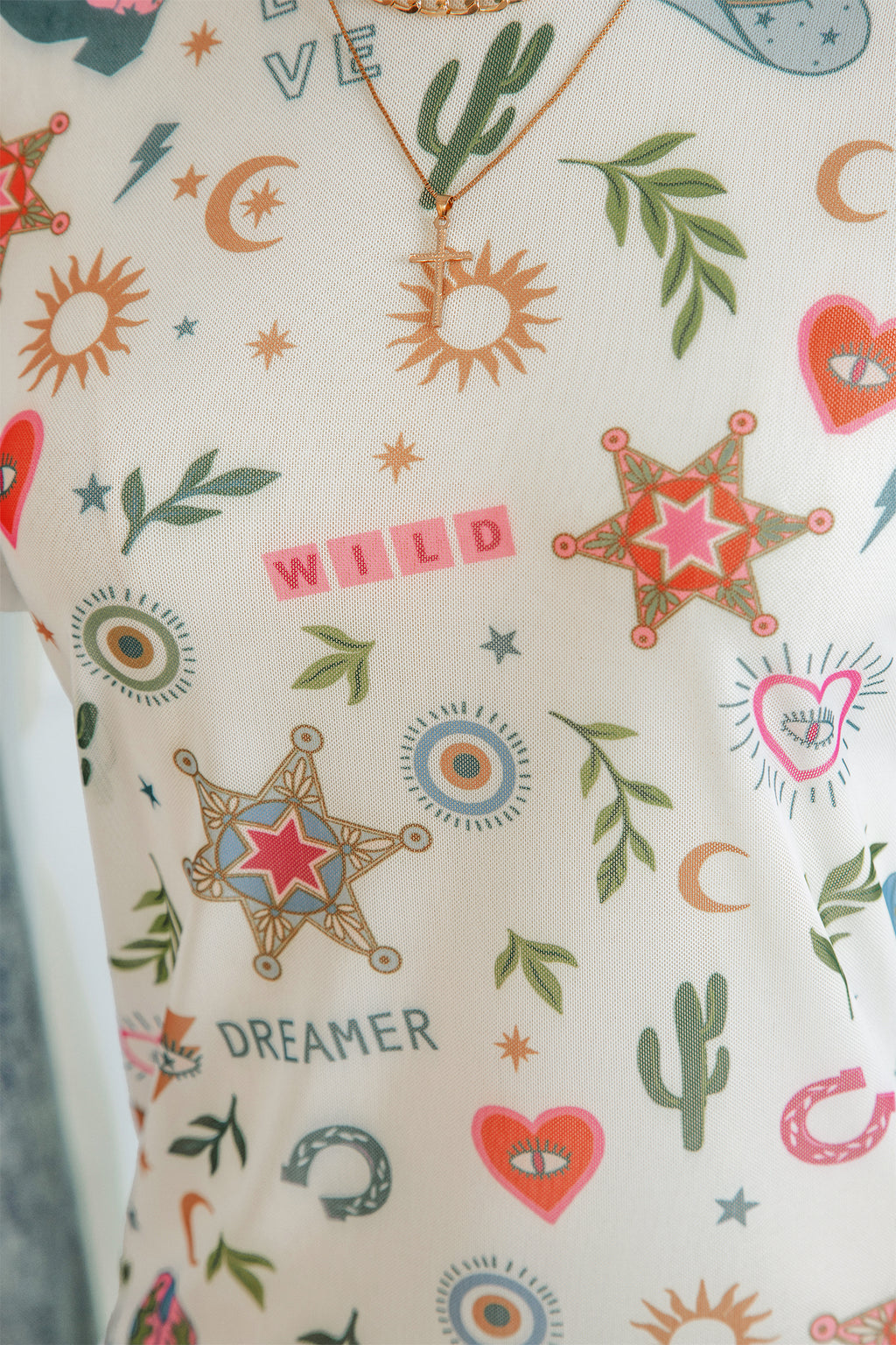 White LOVE WILD DREAMER Western Print Sheer Mesh Top