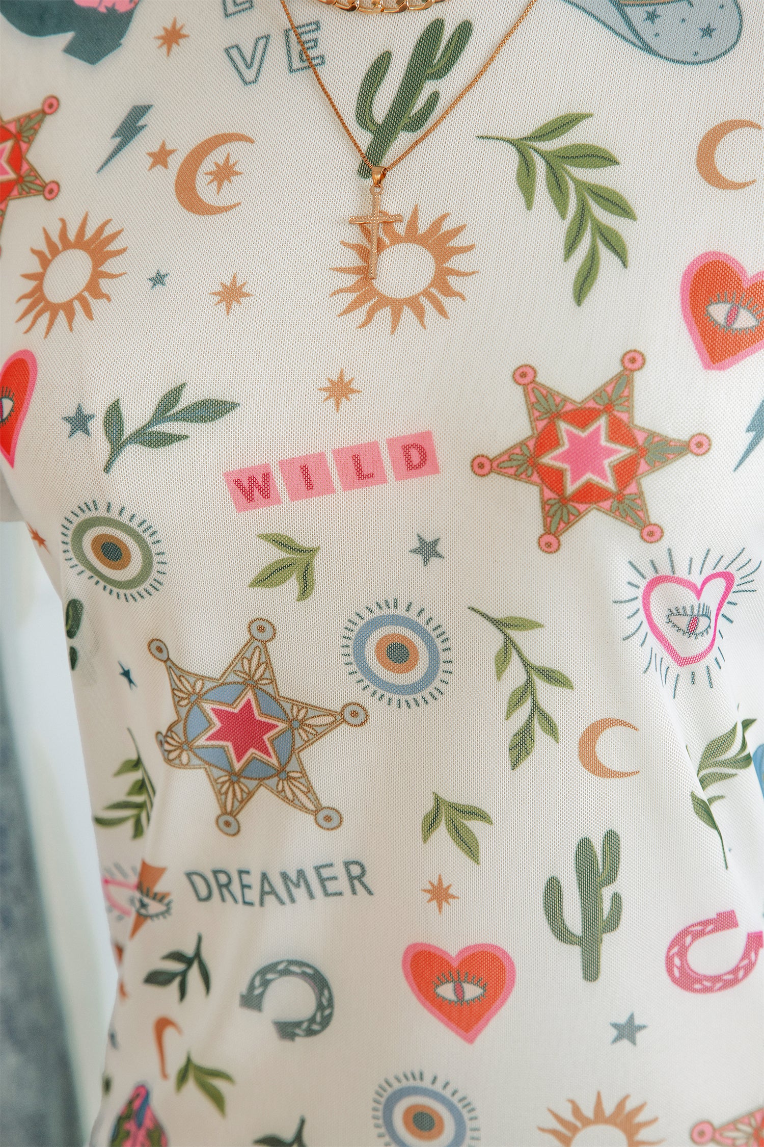 White LOVE WILD DREAMER Western Print Sheer Mesh Top