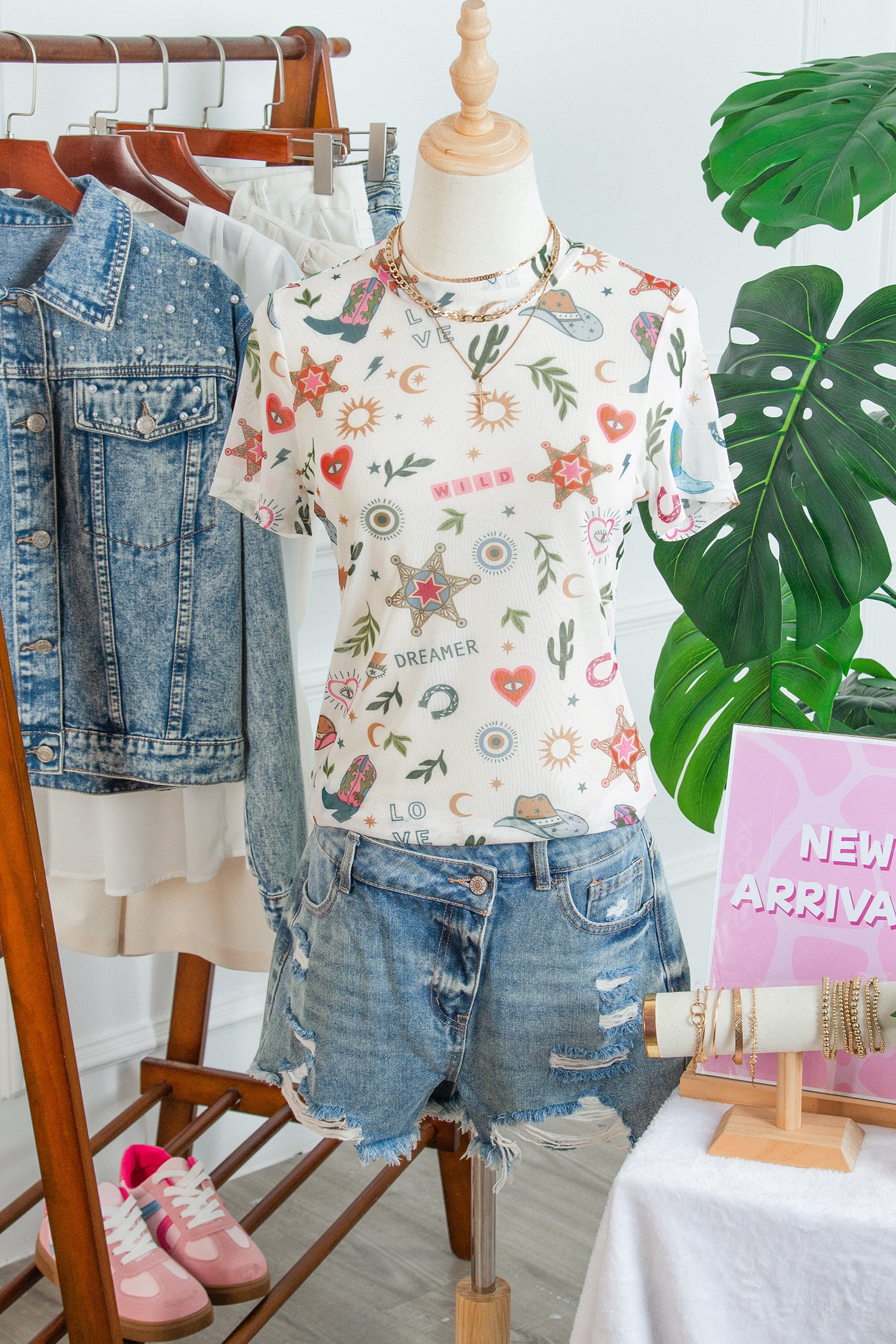 White LOVE WILD DREAMER Western Print Sheer Mesh Top