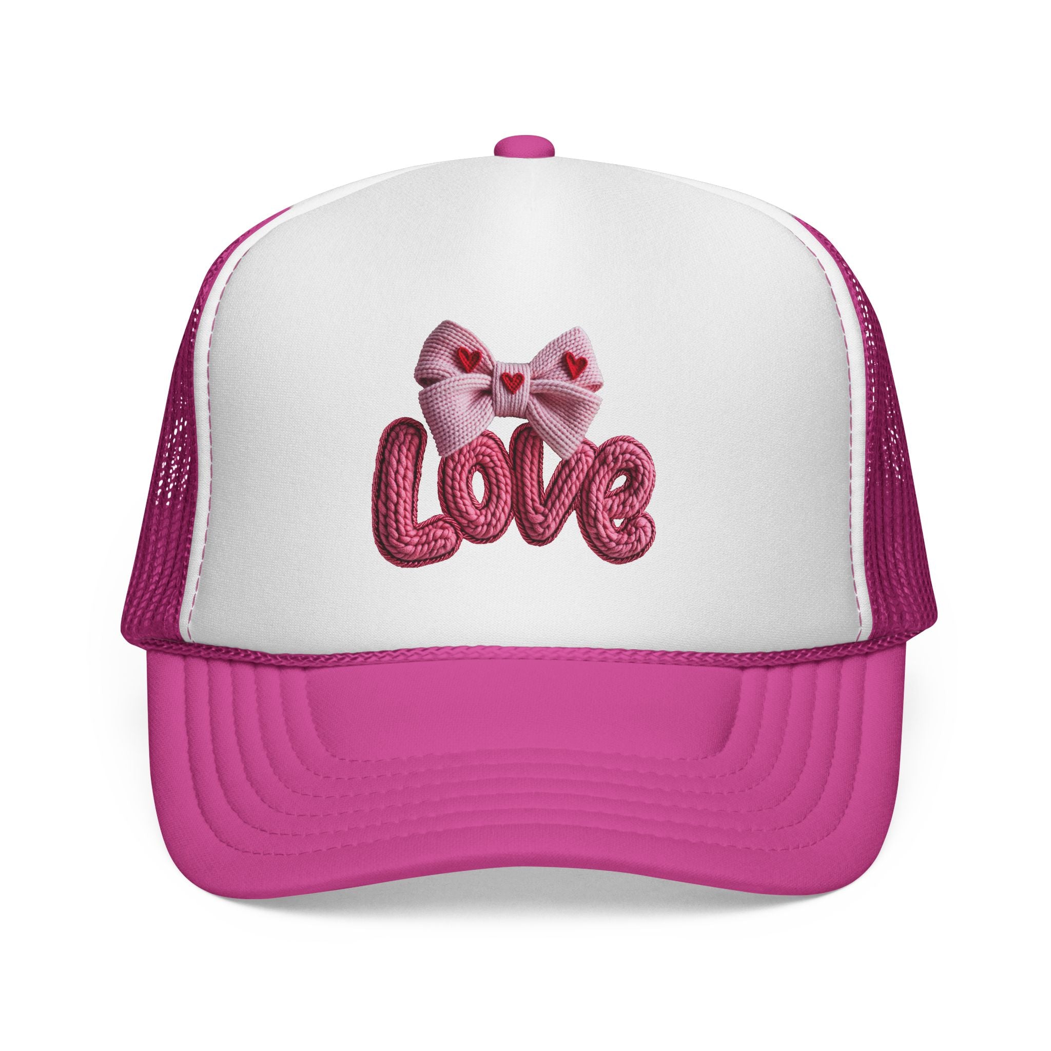 Love Bow Trucker Cap — Pink Embroidered Heart Ribbon Hat