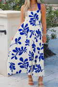 Blue Floral Print Crisscross Tie Back Sleeveless Long Dress