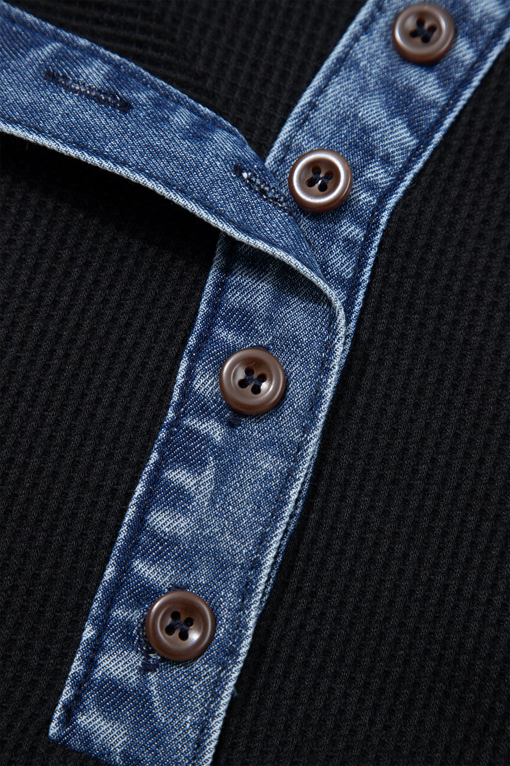 Black Waffle Knit Denim Contrast Top