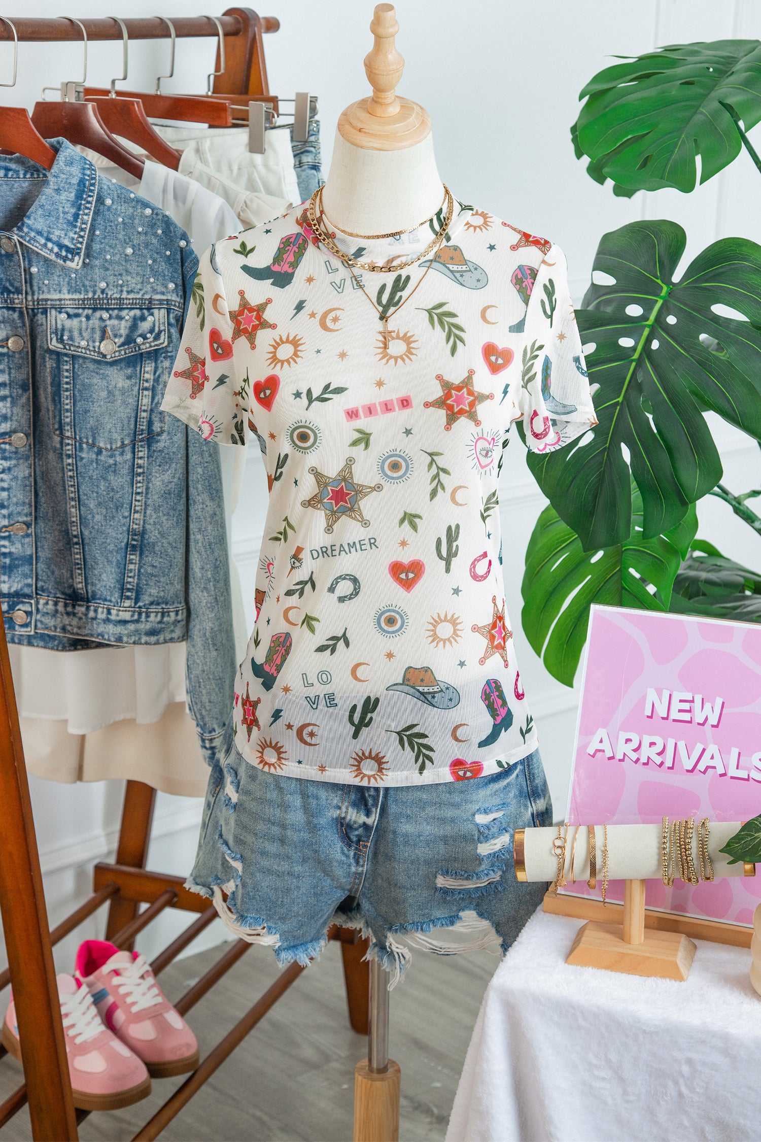 White LOVE WILD DREAMER Western Print Sheer Mesh Top