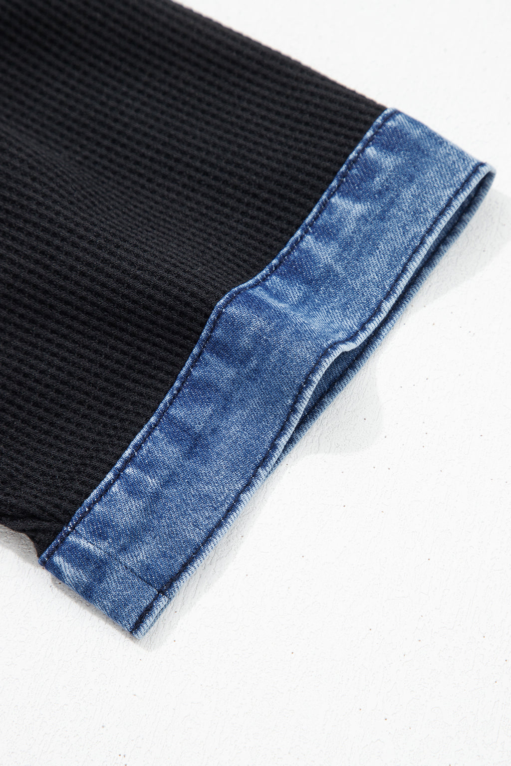 Black Waffle Knit Denim Contrast Top