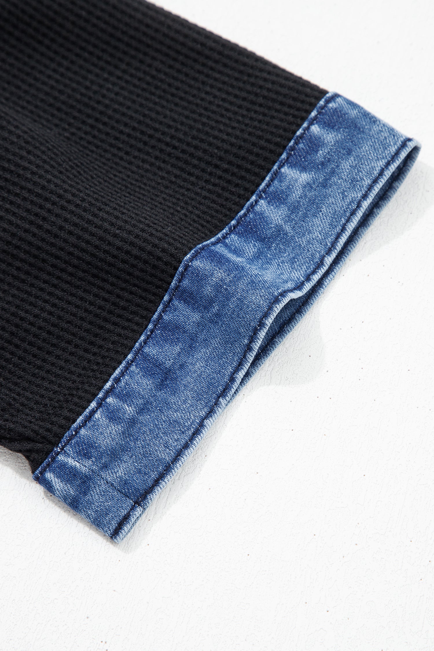 Black Waffle Knit Denim Contrast Top