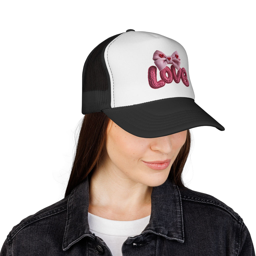 Love Bow Trucker Cap — Pink Embroidered Heart Ribbon Hat