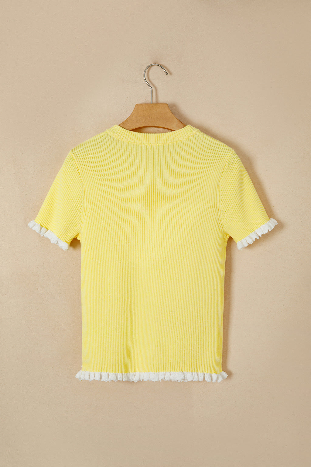Yellow Cream Ribbed Knit Contrast Frilled Short Sleeve Sweater Cardigan