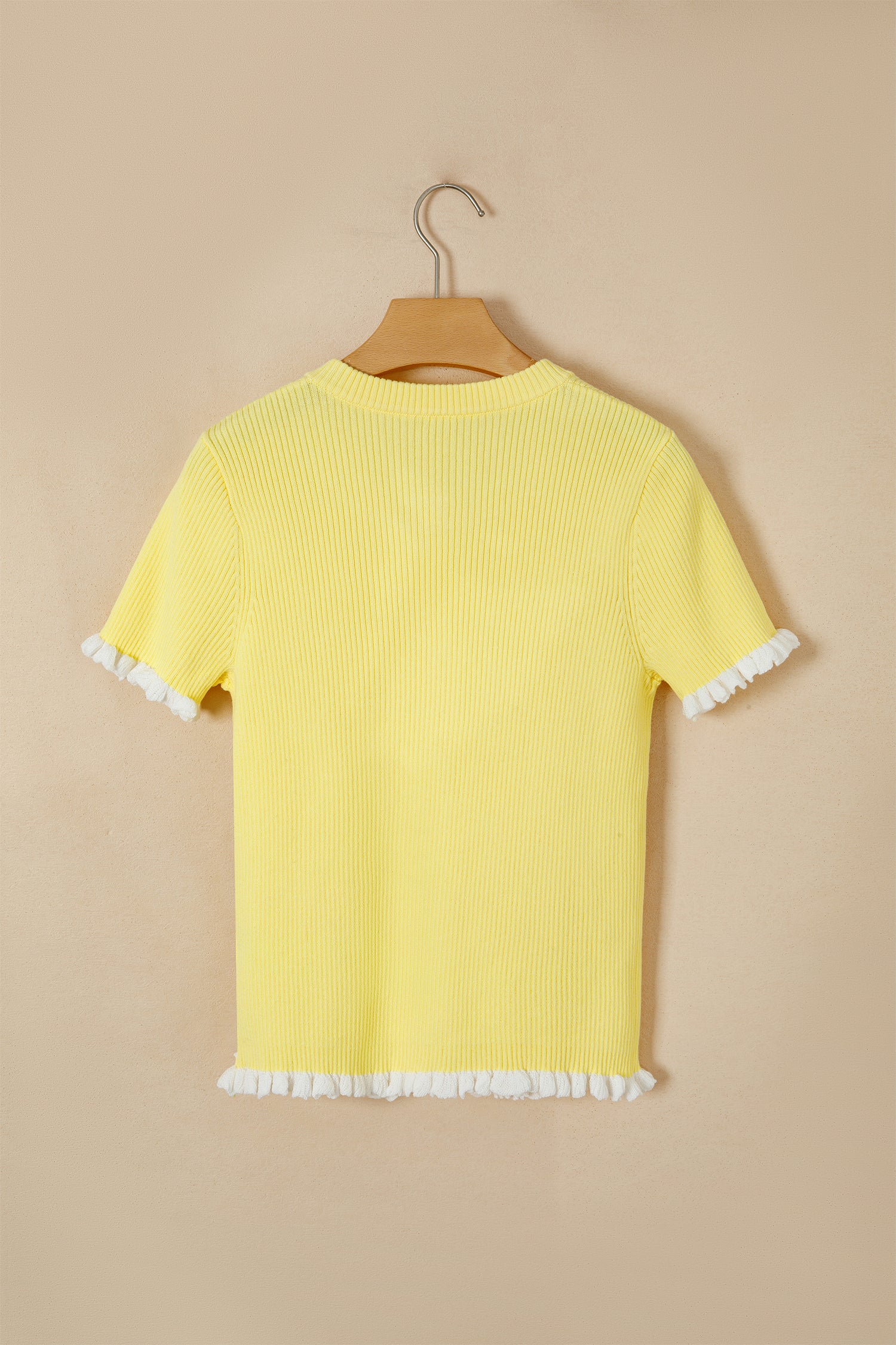 Yellow Cream Ribbed Knit Contrast Frilled Short Sleeve Sweater Cardigan