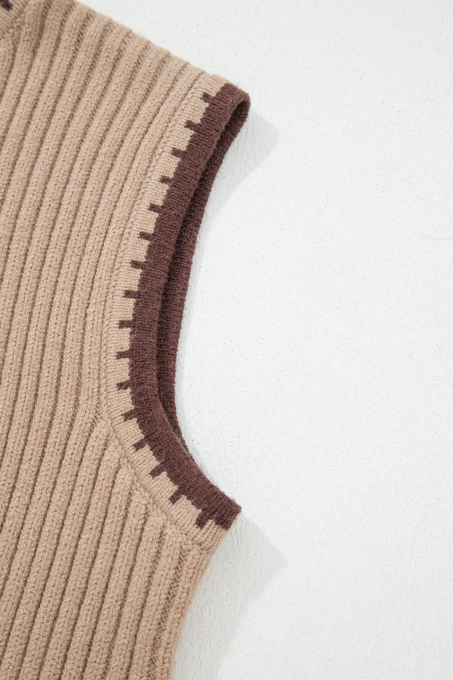 Light French Beige Ribbed Knit Contrast Trim Round Neck Horseshoe Sweater Vest