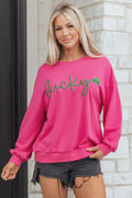 Rose Red Lucky Clover Embroidered Sweatshirt