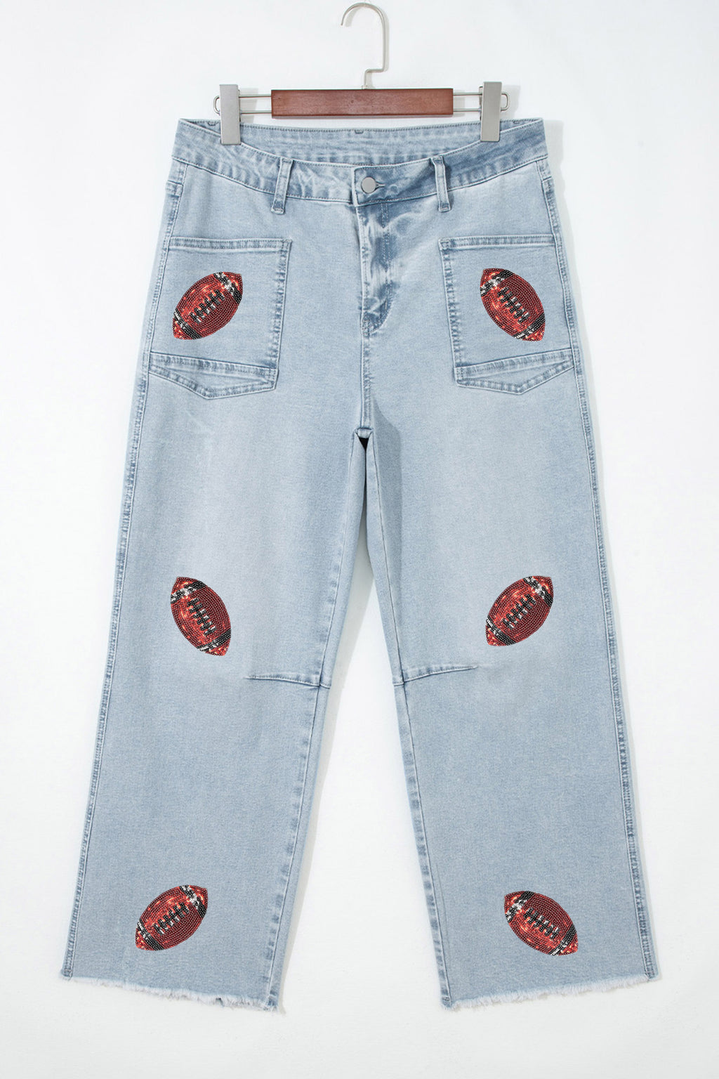 Beau Blue Sequin Rugby Pattern Raw Hem Casual Jeans