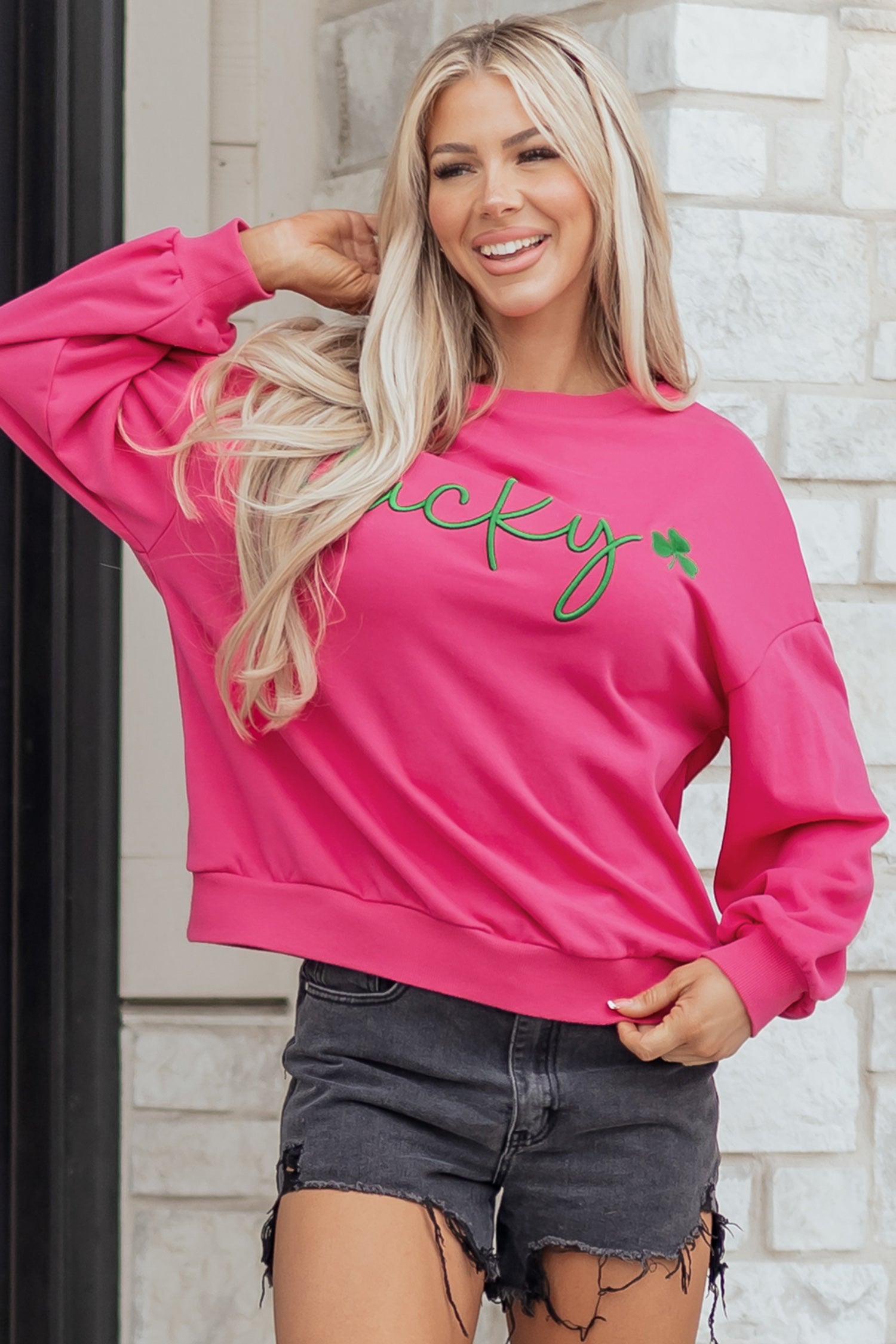 Rose Red Lucky Clover Embroidered Sweatshirt