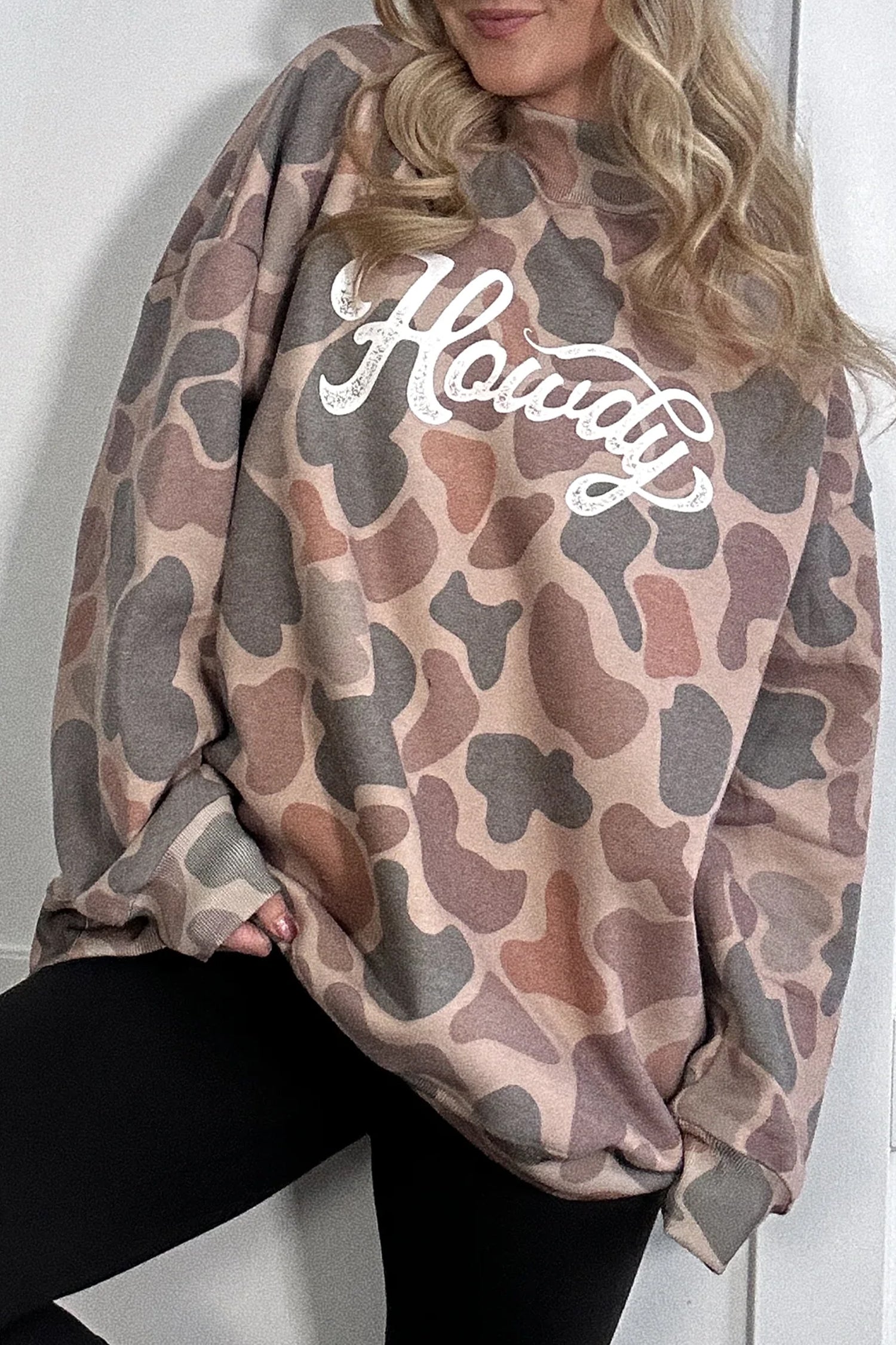 Multicolour Camo Print Howdy Western Style Baggy Pullover Sweatshirt