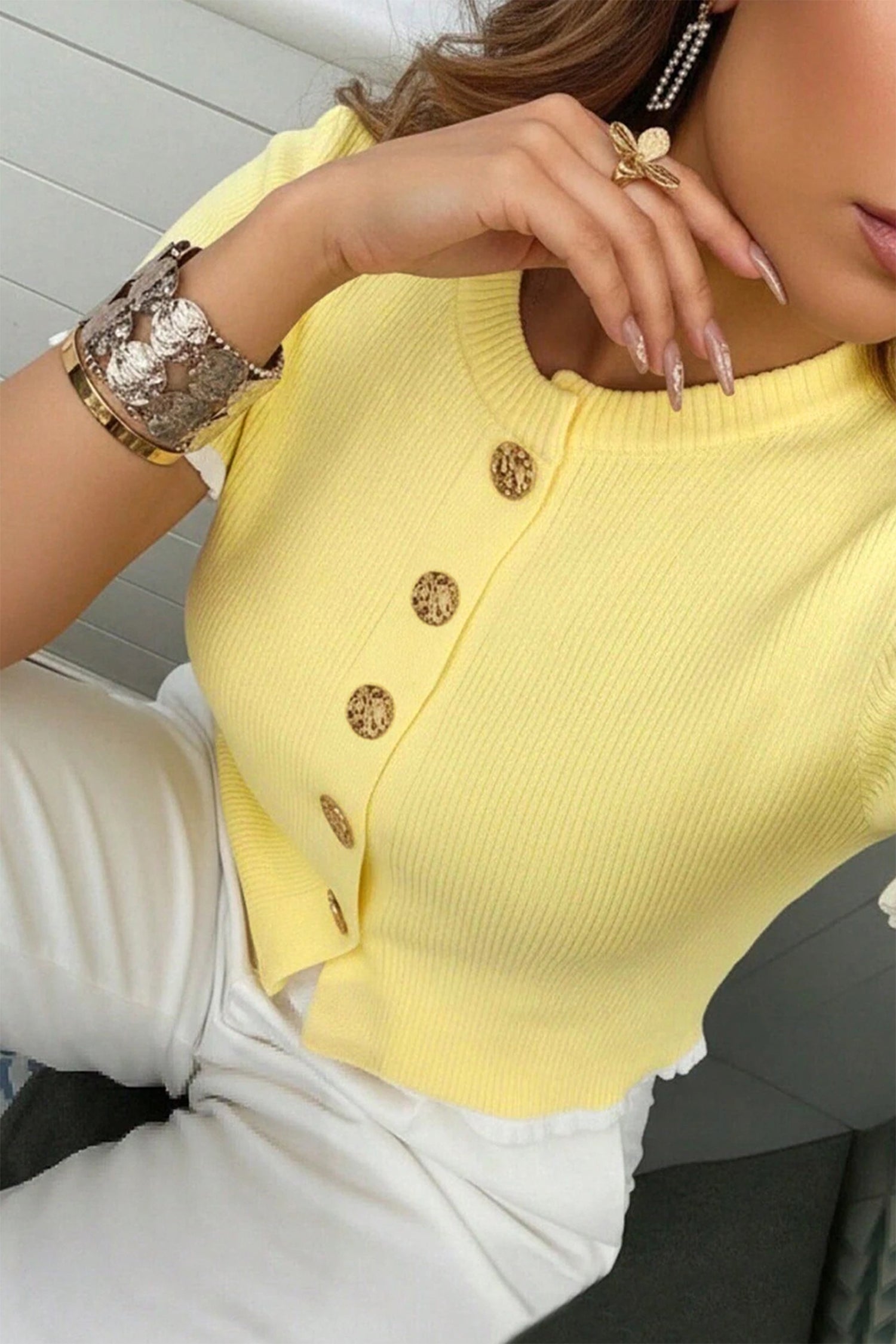 Yellow Cream Ribbed Knit Contrast Frilled Short Sleeve Sweater Cardigan