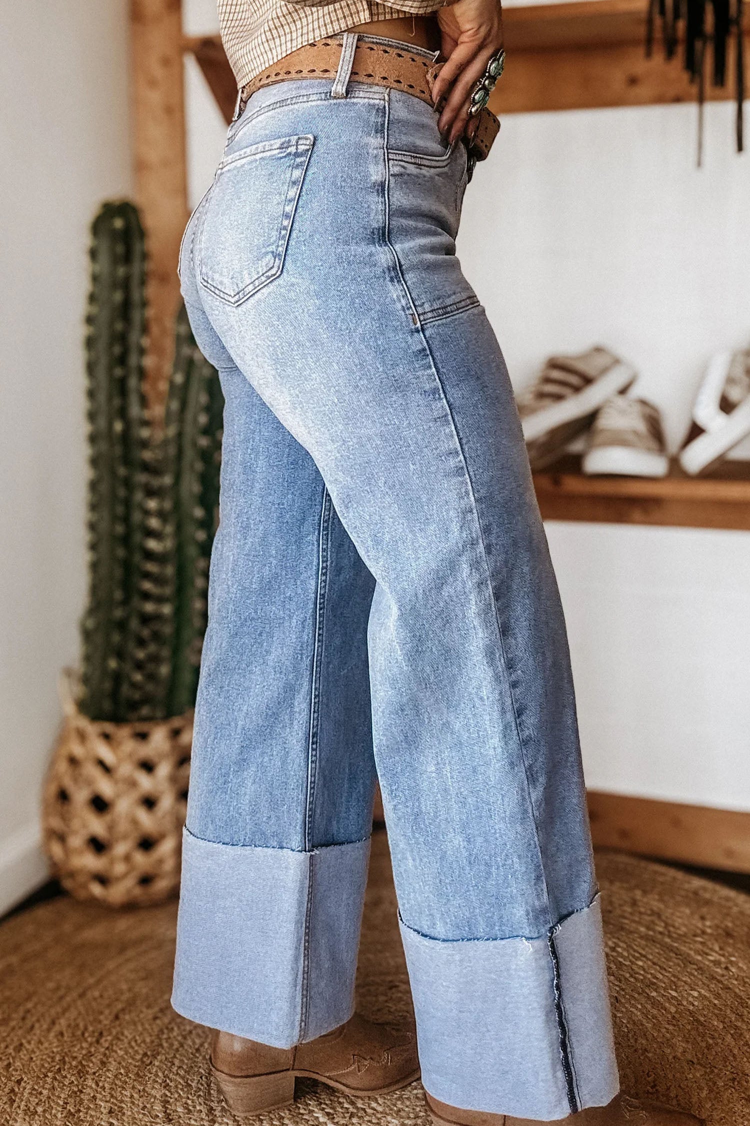 Beau Blue Turn-up Cuffs Womens Loose Jeans