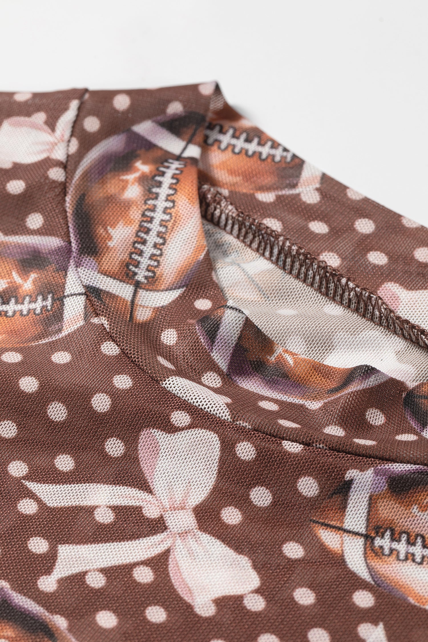Brown Polka Dot Bow Printed Game Day Vibes Mesh Long Sleeve Top