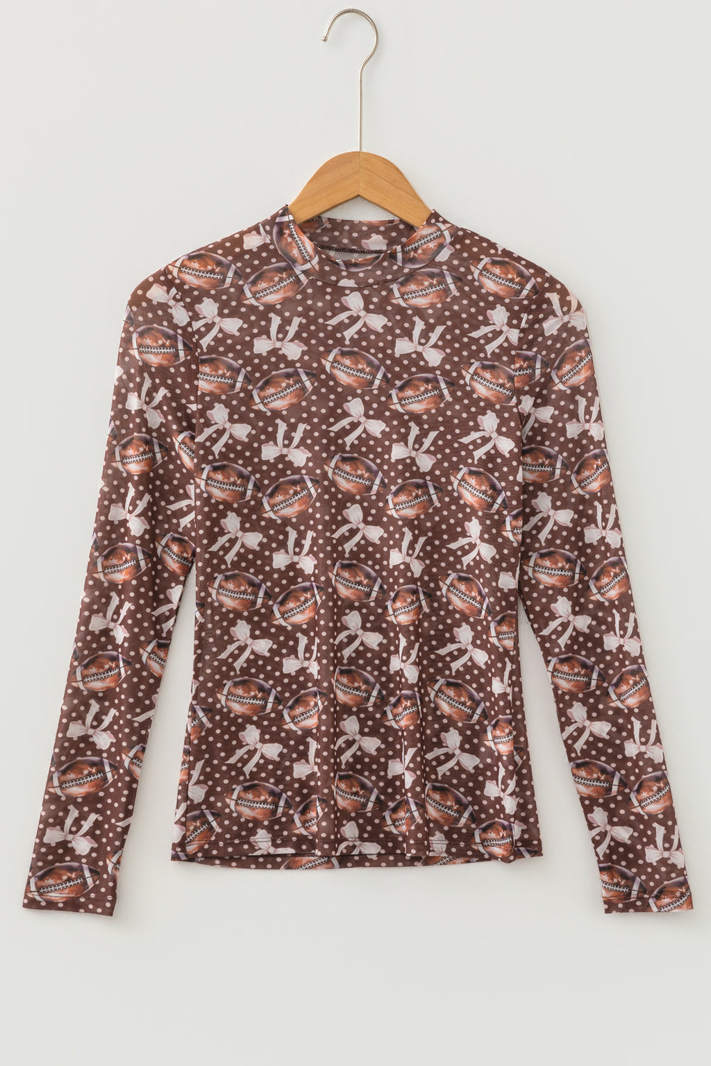 Brown Polka Dot Bow Printed Game Day Vibes Mesh Long Sleeve Top