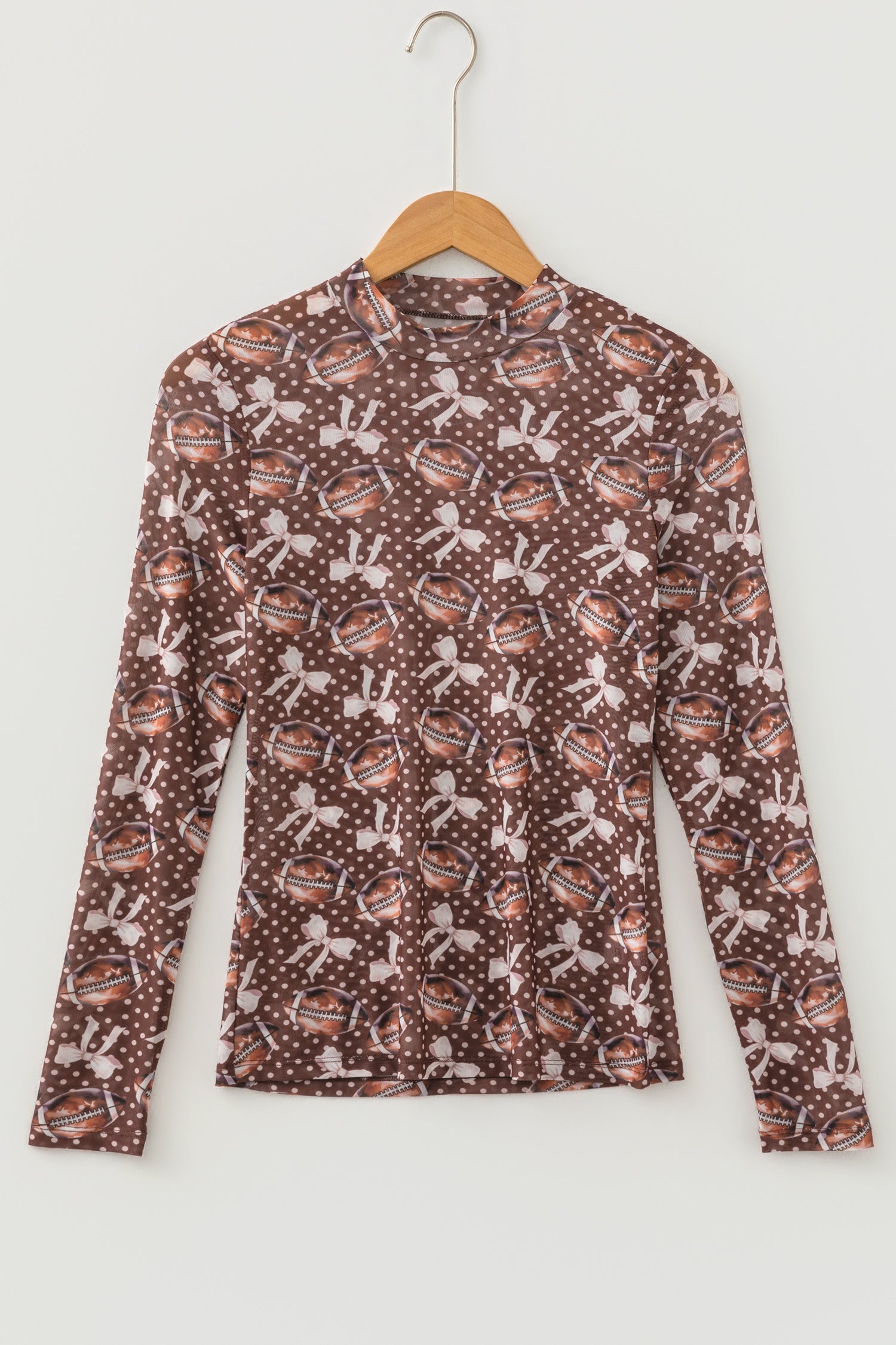 Brown Polka Dot Bow Printed Game Day Vibes Mesh Long Sleeve Top