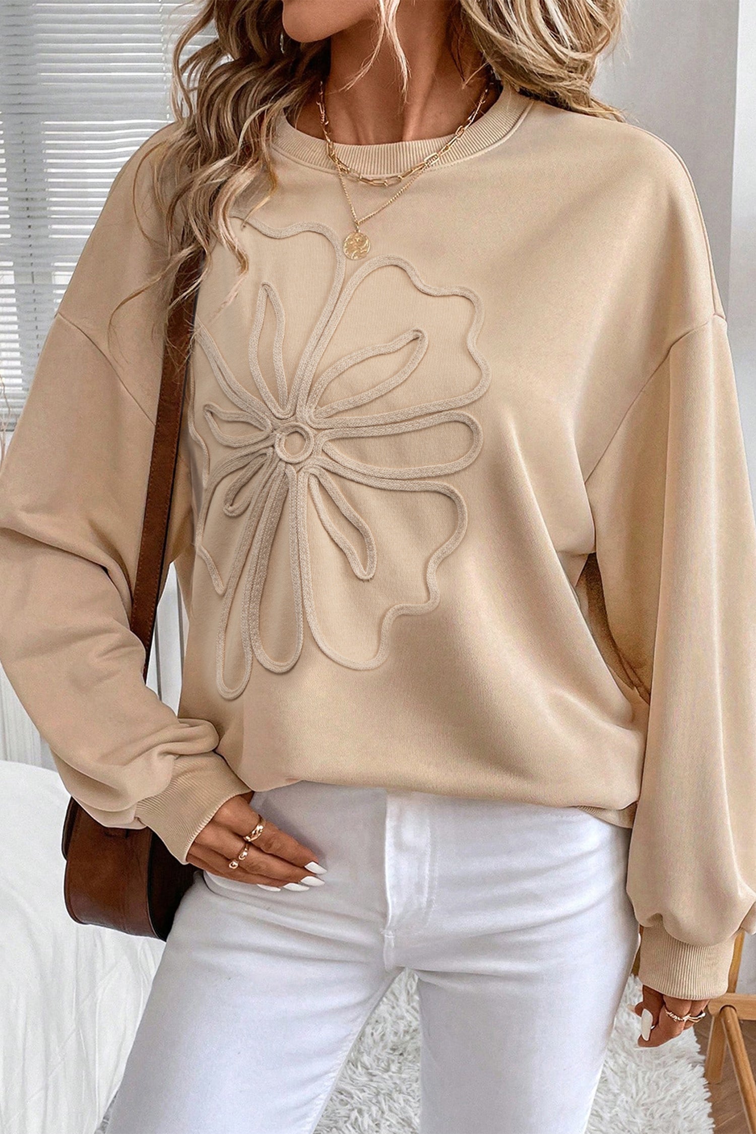 Parchment Embroidered Flower Sweatshirt