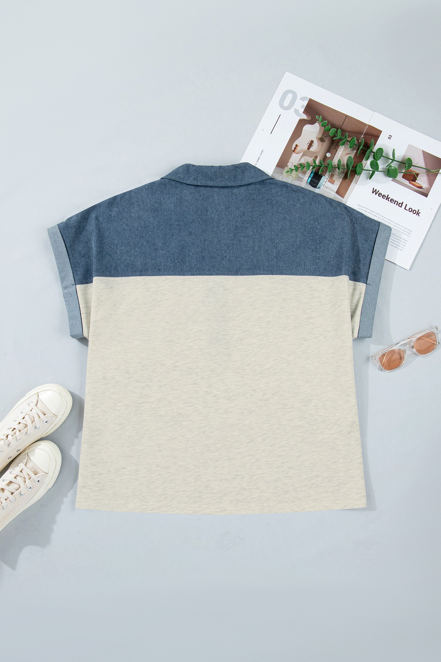 Light Grey Half Buttons Collared Denim Patchwork Plus Short Sleeve Top