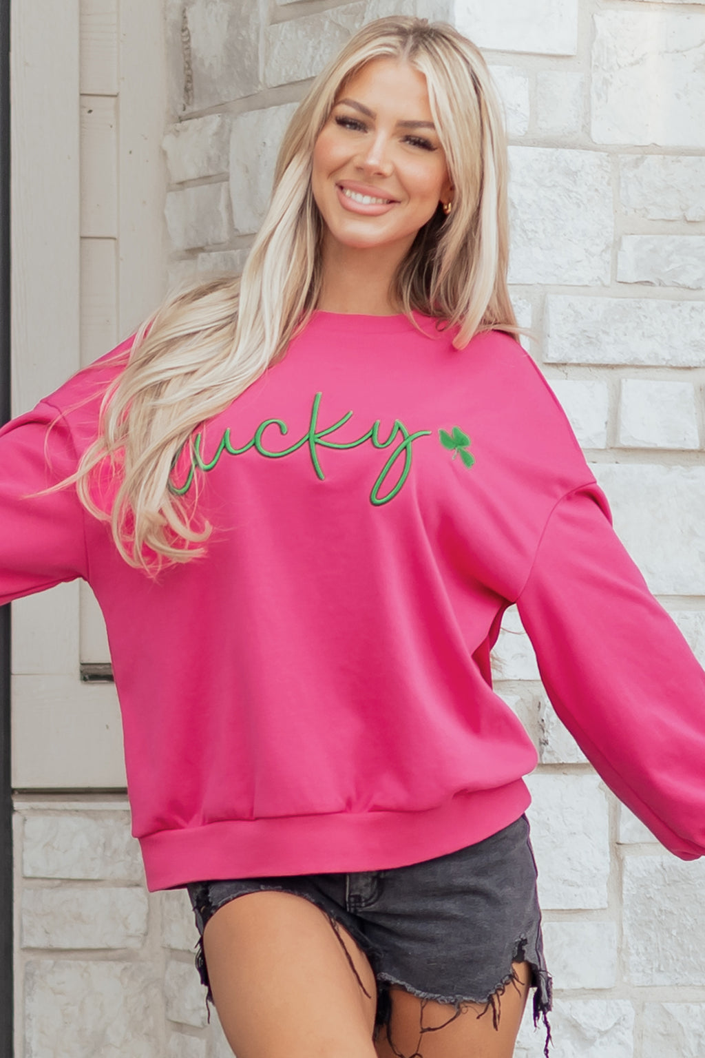 Rose Red Lucky Clover Embroidered Sweatshirt