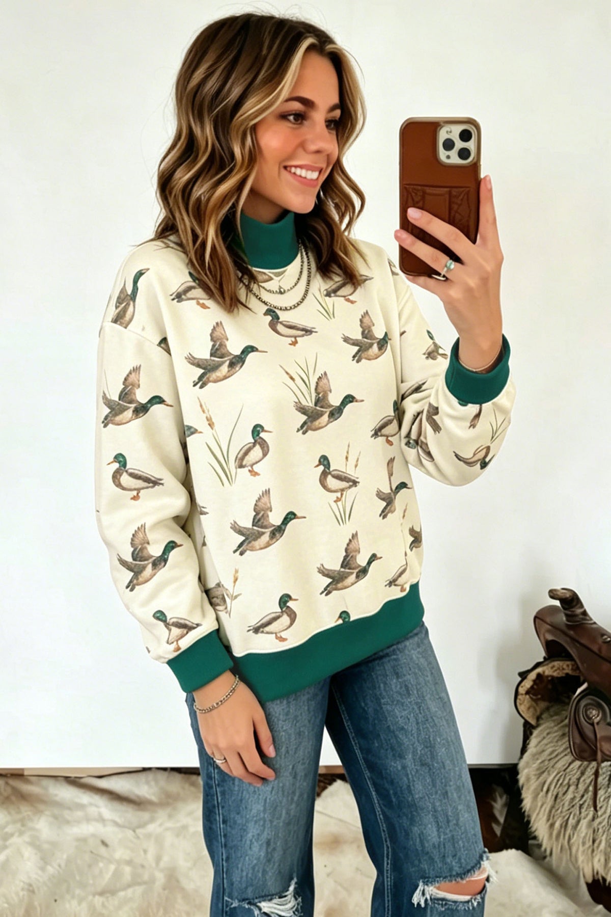 Mallard Print  High Neck Sweatshirt