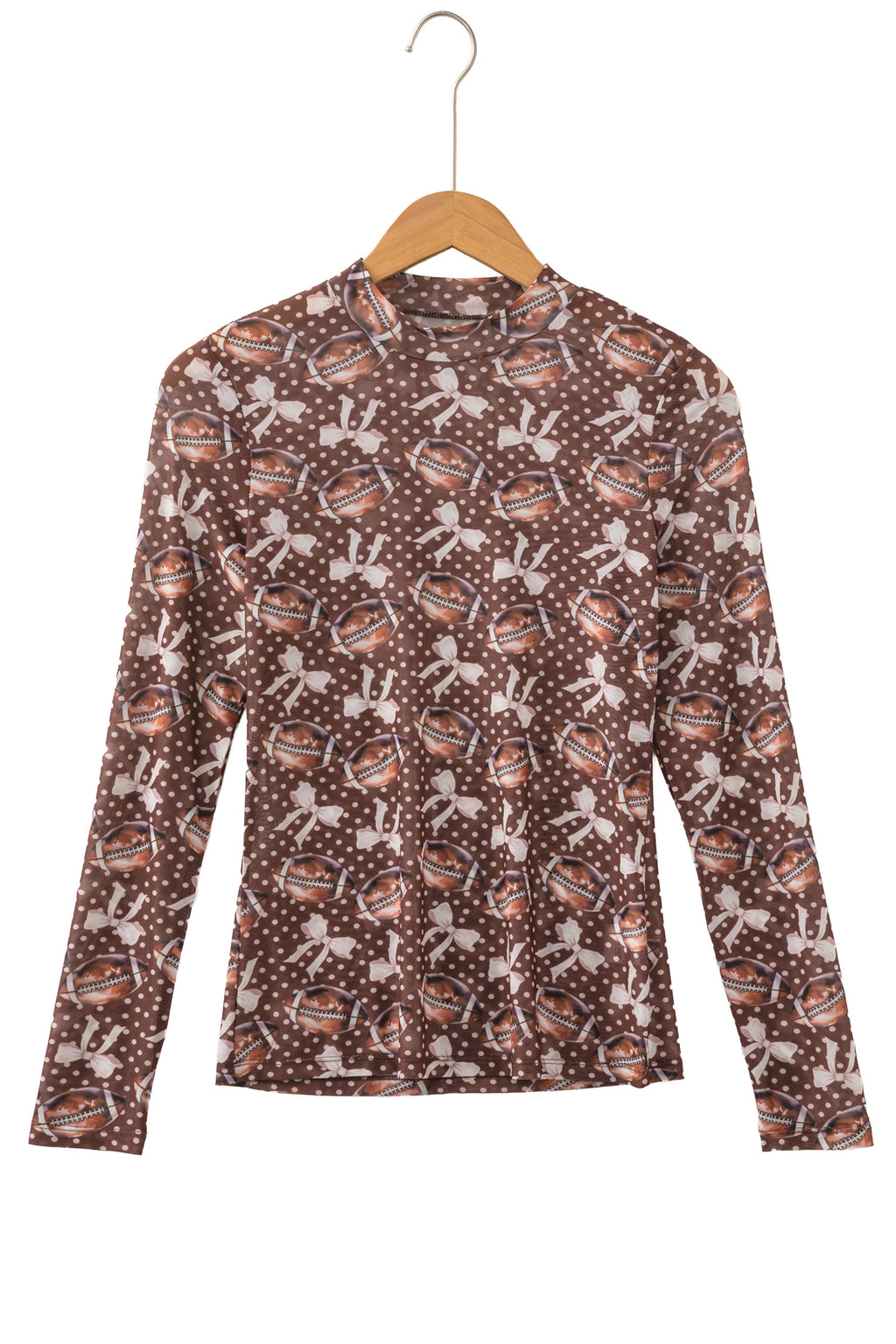 Brown Polka Dot Bow Printed Game Day Vibes Mesh Long Sleeve Top