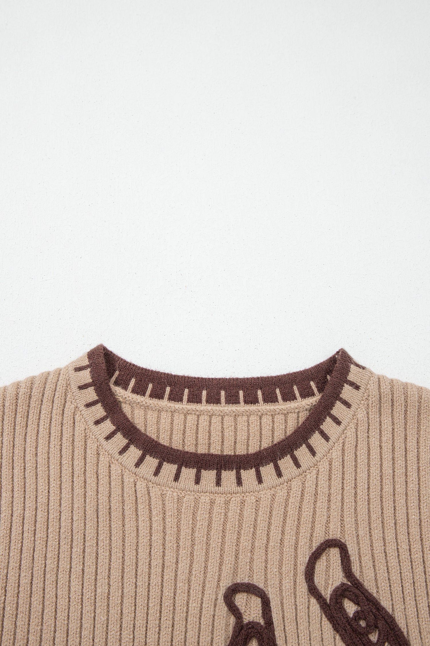 Light French Beige Ribbed Knit Contrast Trim Round Neck Horseshoe Sweater Vest