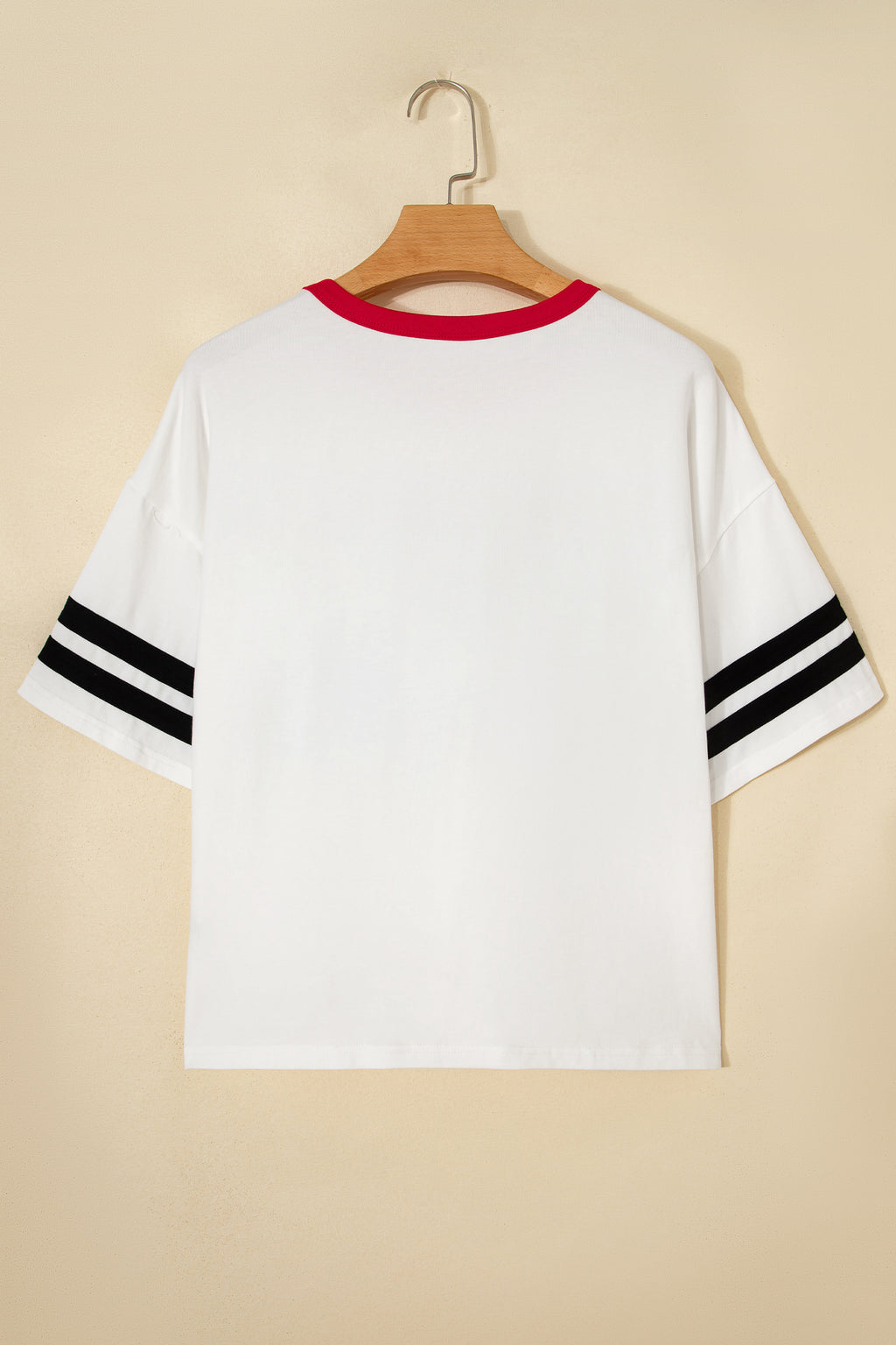 White USA Letter Printed Varsity Striped Sleeve Round Neck Tee