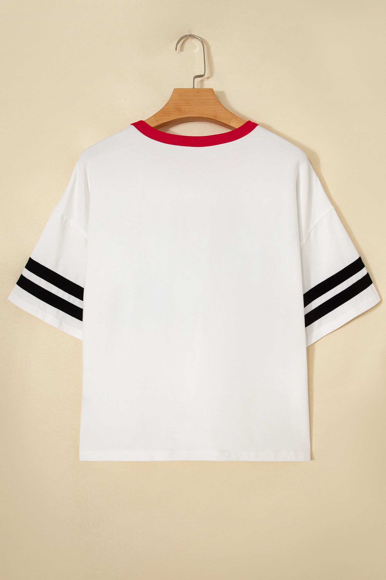 White USA Letter Printed Varsity Striped Sleeve Round Neck Tee
