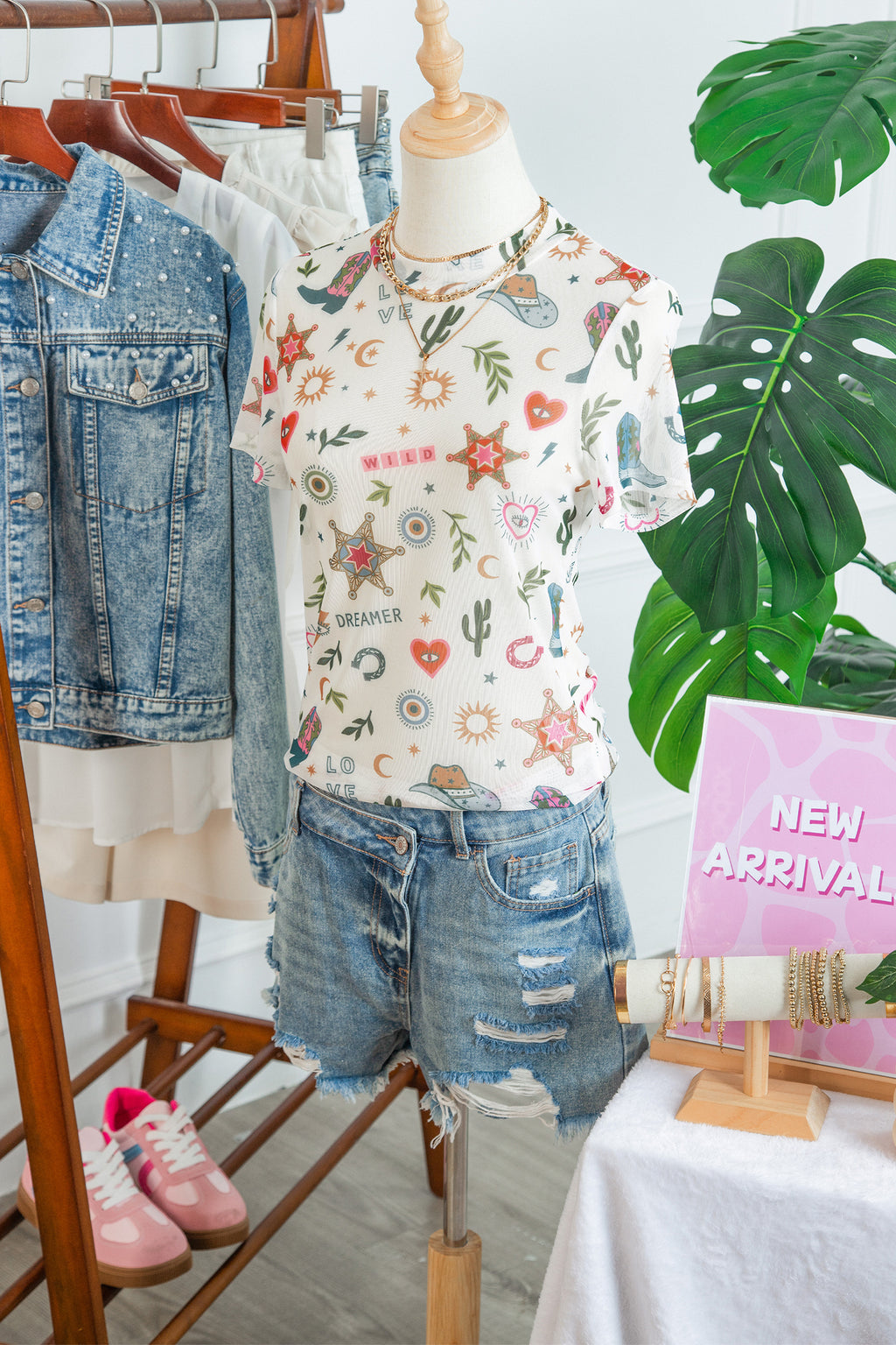 White LOVE WILD DREAMER Western Print Sheer Mesh Top