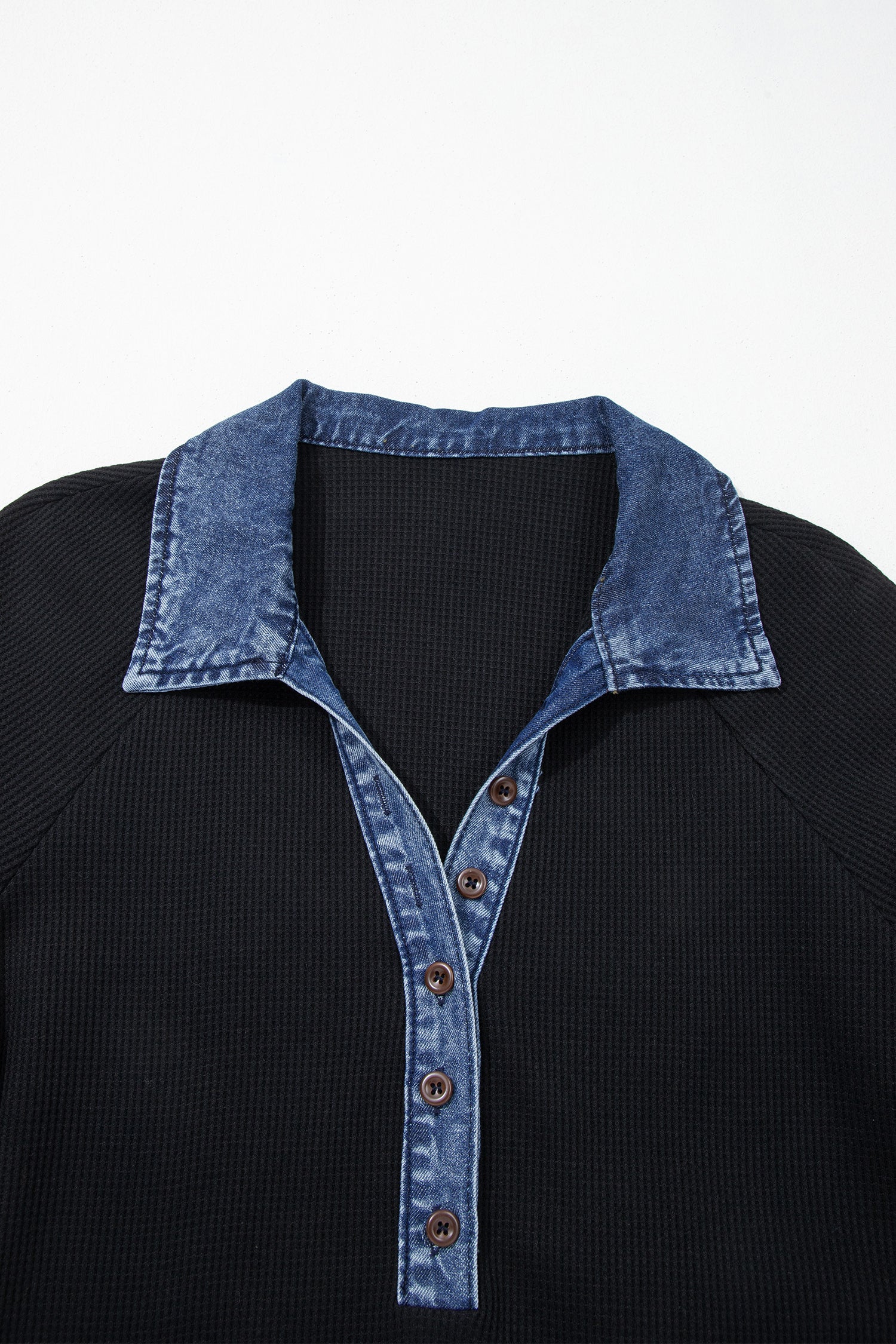 Black Waffle Knit Denim Contrast Top
