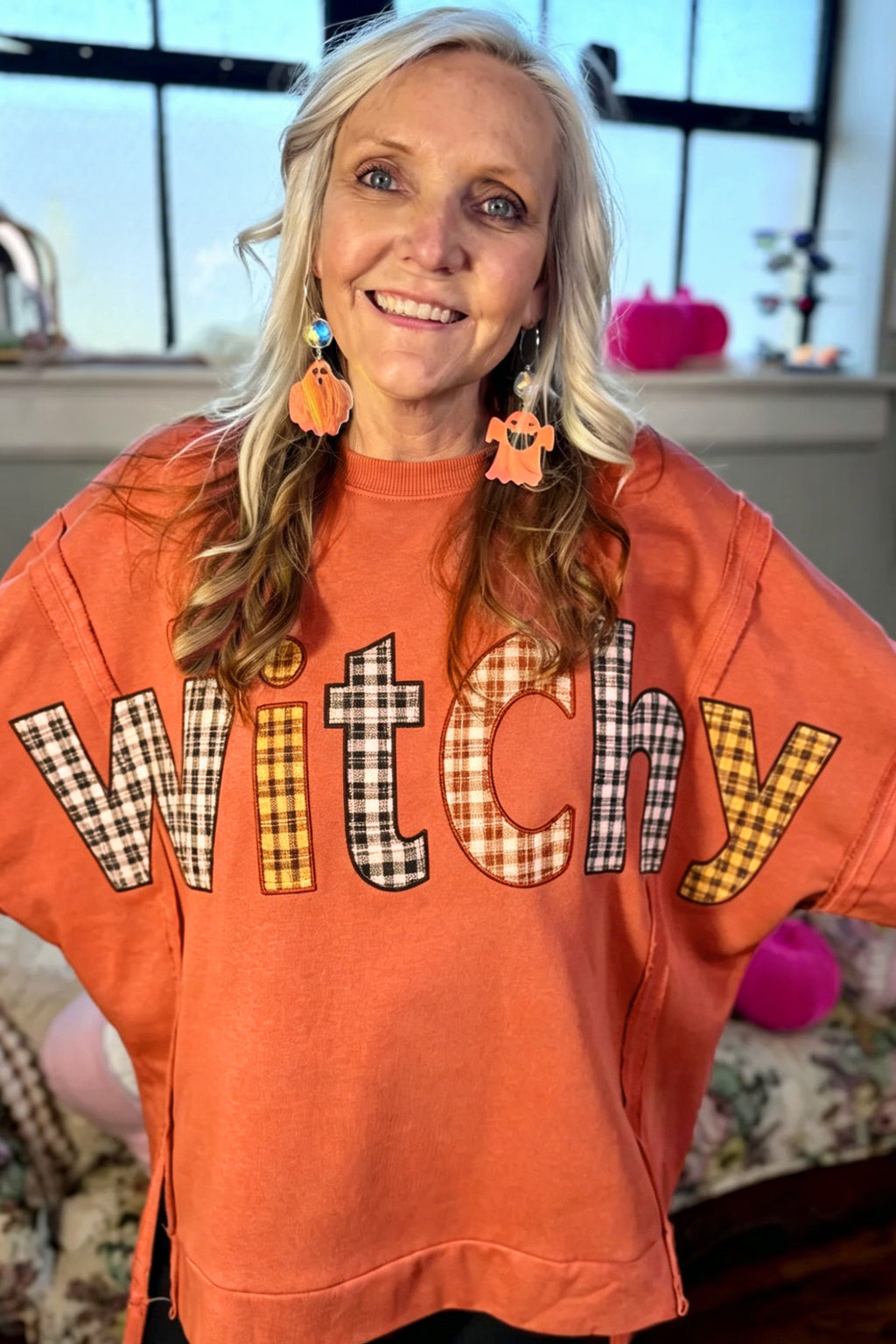 Flamingo Halloween Witchy Plaid Slogan Embroidered Patch Tunic Sweatshirt