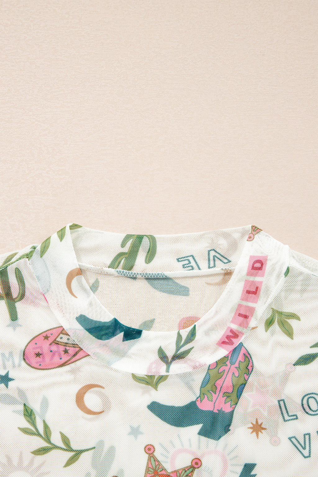 White LOVE WILD DREAMER Western Print Sheer Mesh Top
