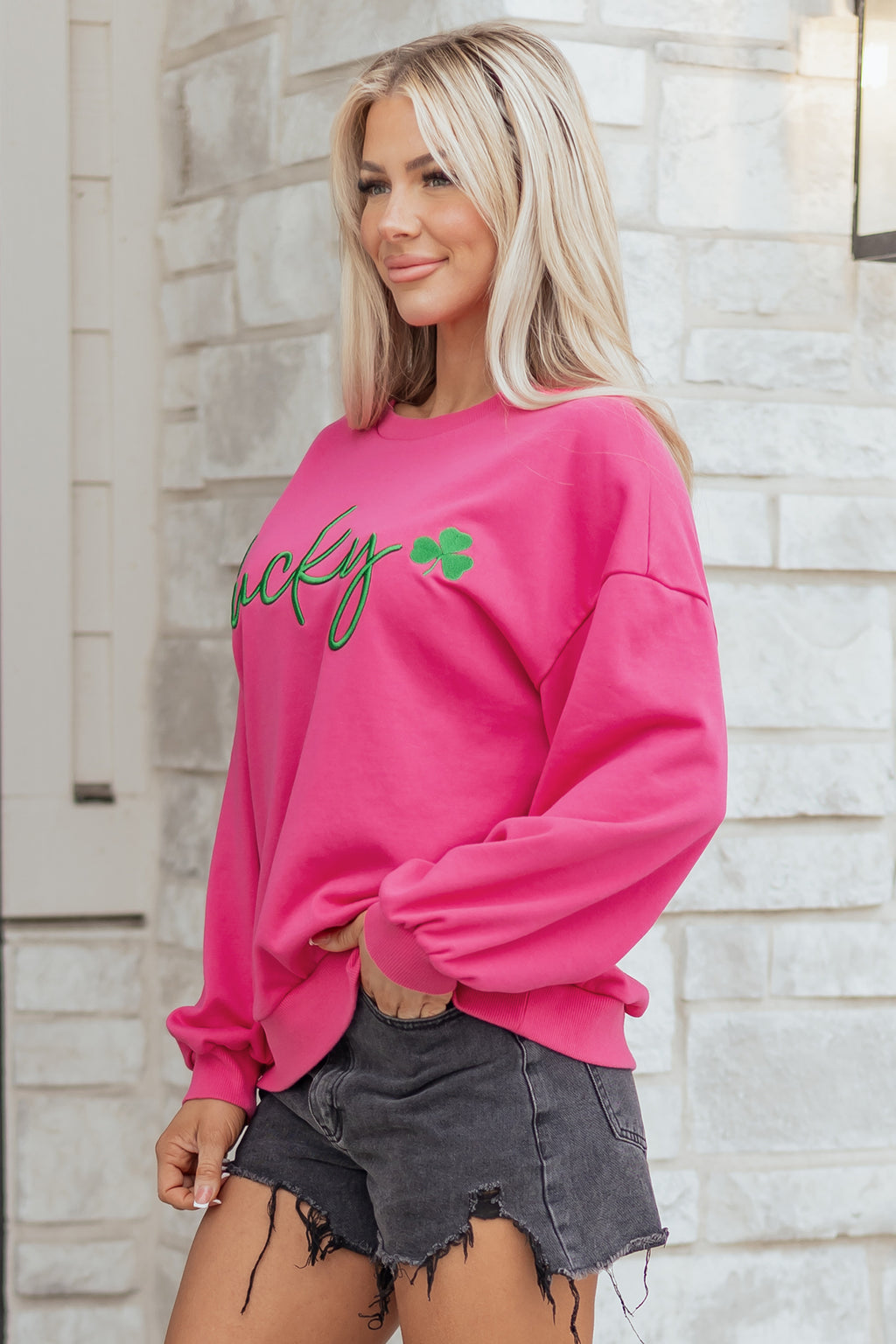 Rose Red Lucky Clover Embroidered Sweatshirt