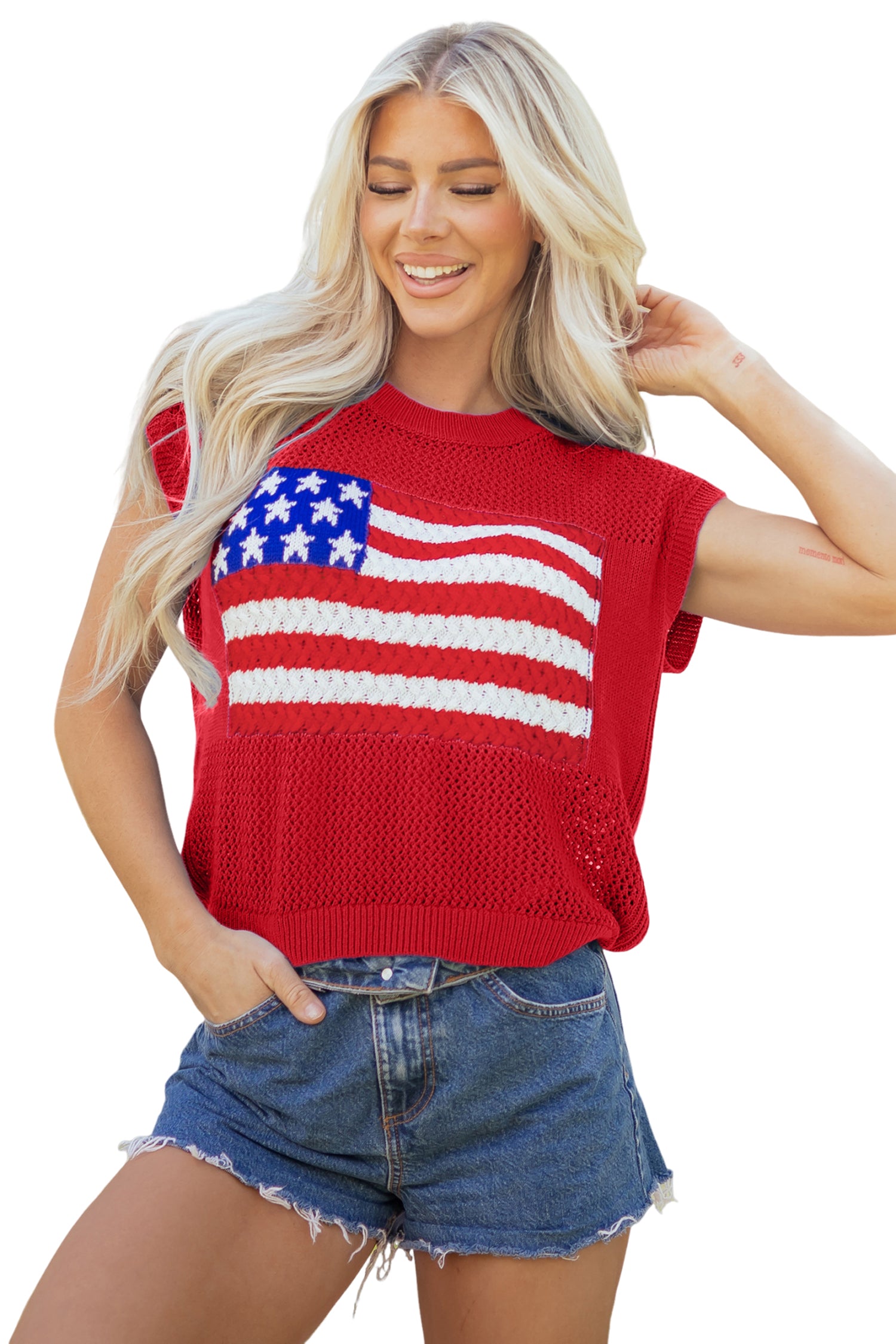 Fiery Red Flag Graphic Short Sleeve Sweater Top