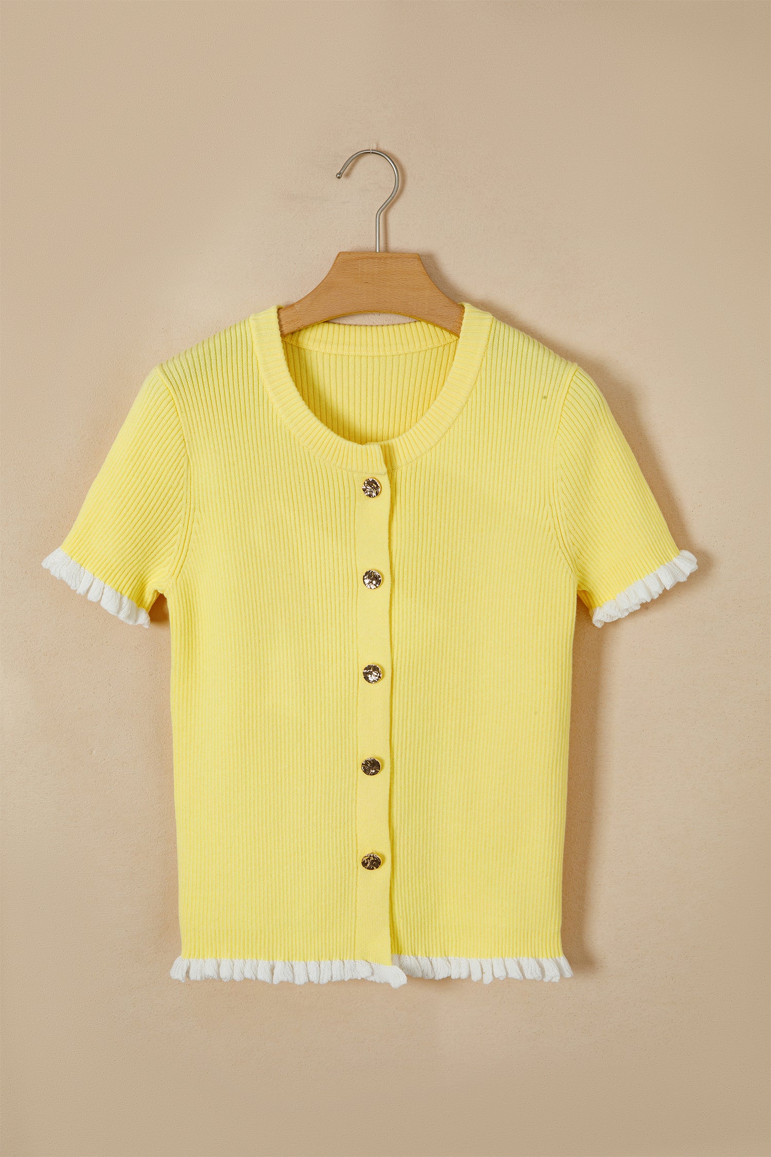 Yellow Cream Ribbed Knit Contrast Frilled Short Sleeve Sweater Cardigan