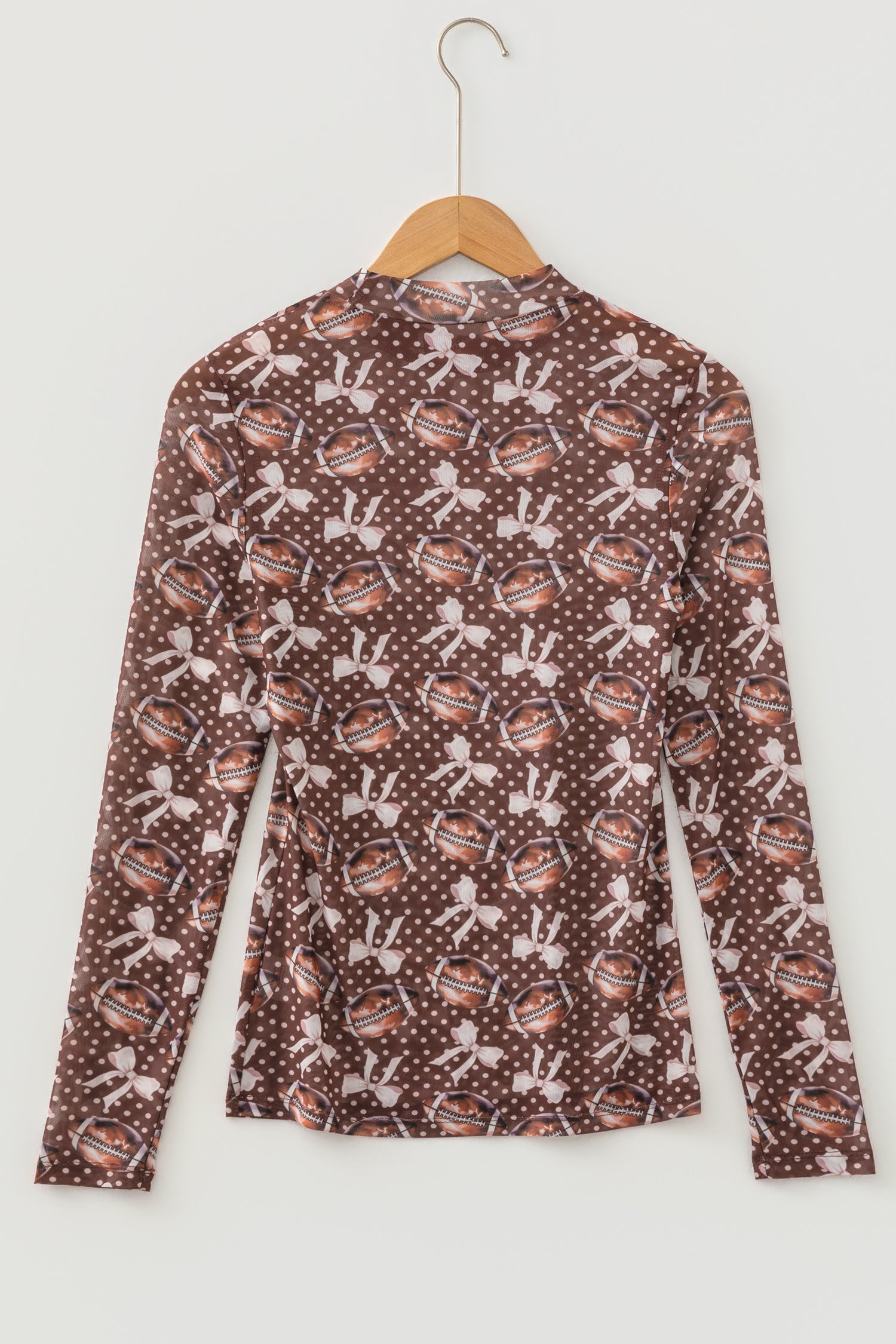 Brown Polka Dot Bow Printed Game Day Vibes Mesh Long Sleeve Top
