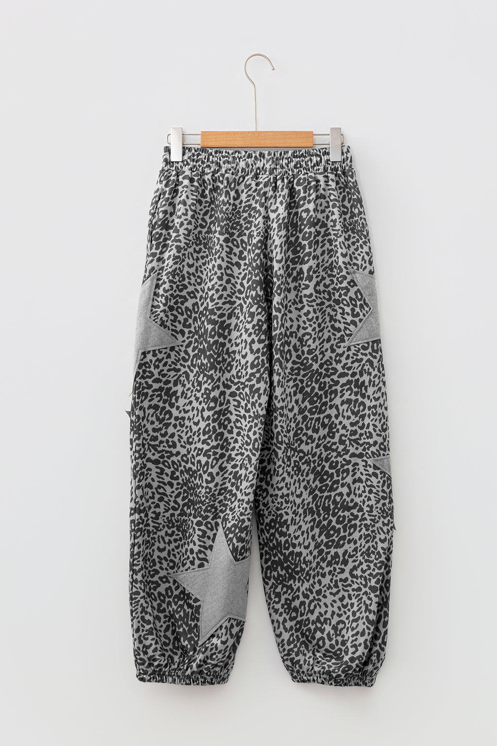 Khaki Leopard Print Star Patched Drawstring Elastic Waist Jogger Pants