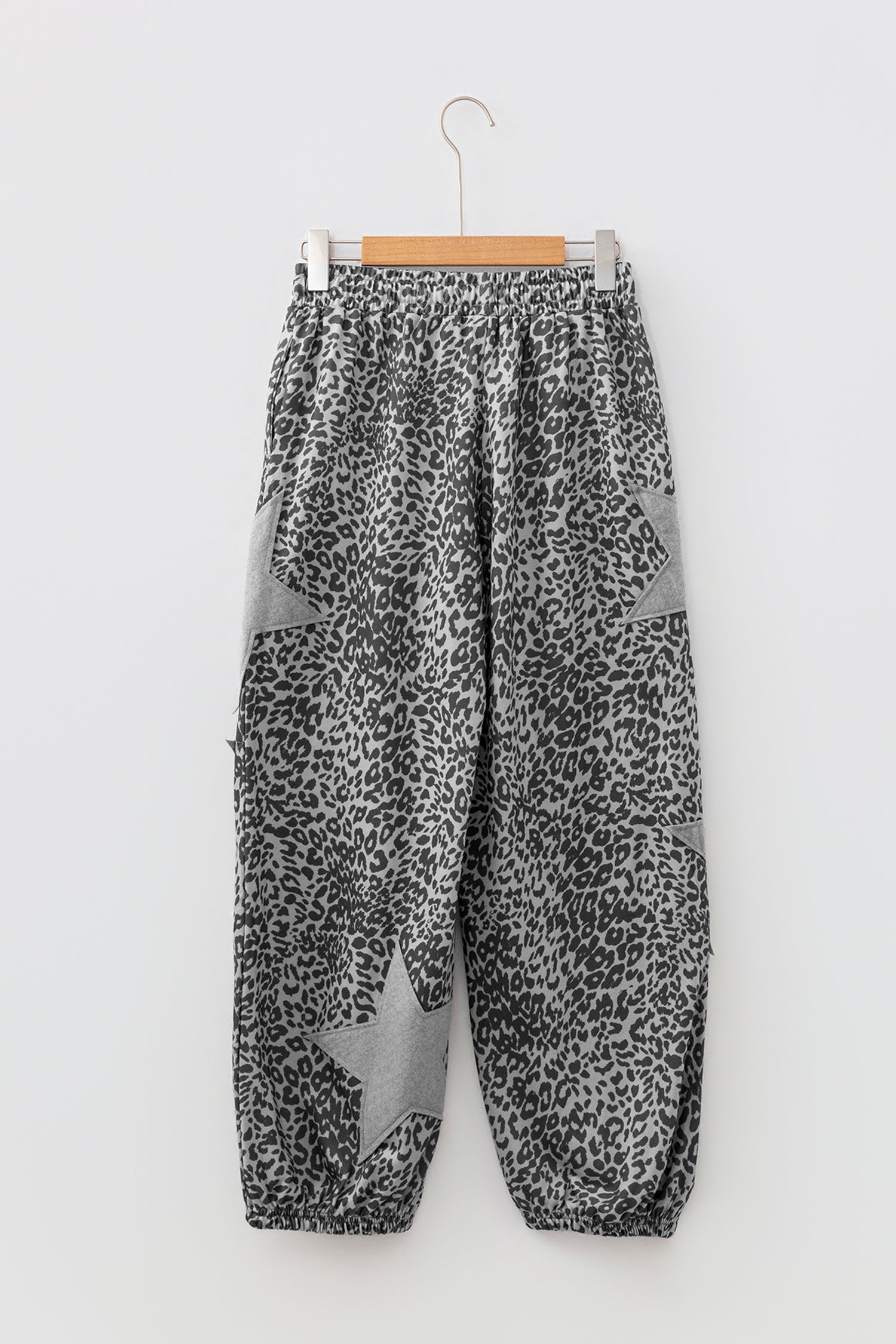 Khaki Leopard Print Star Patched Drawstring Elastic Waist Jogger Pants