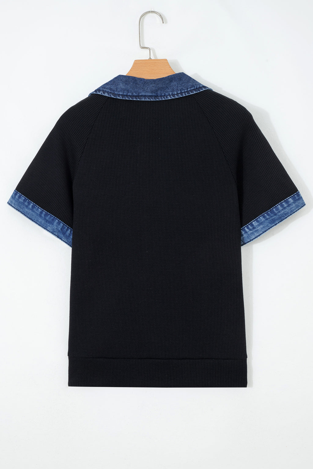 Black Waffle Knit Denim Contrast Top