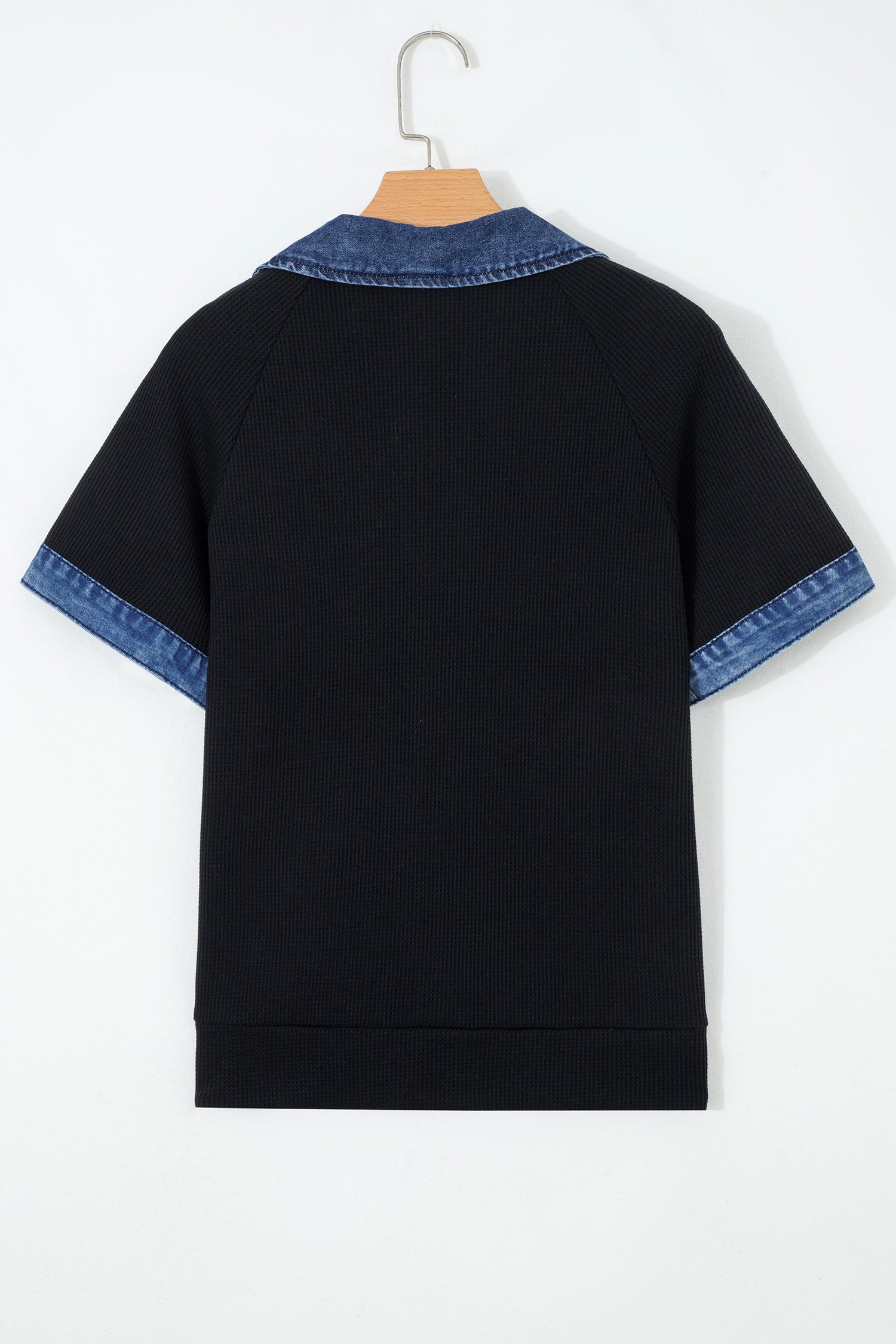 Black Waffle Knit Denim Contrast Top