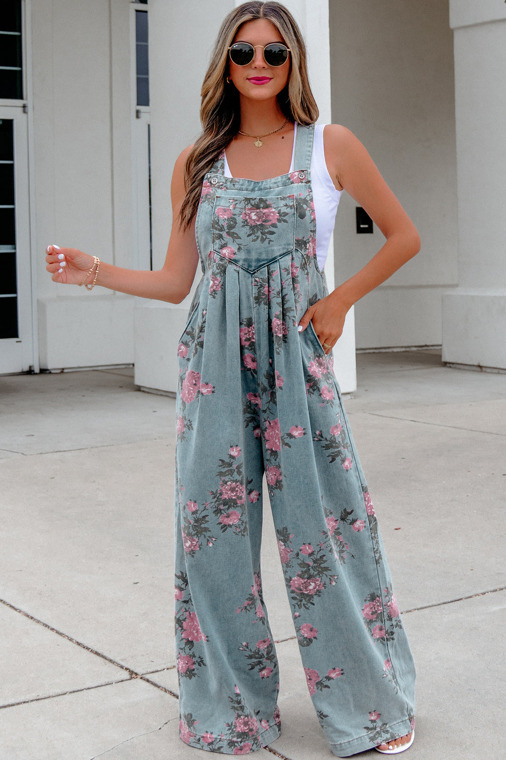 Beau Blue Floral Print Pleated High Waist Wide Leg Denim Jumpsuit