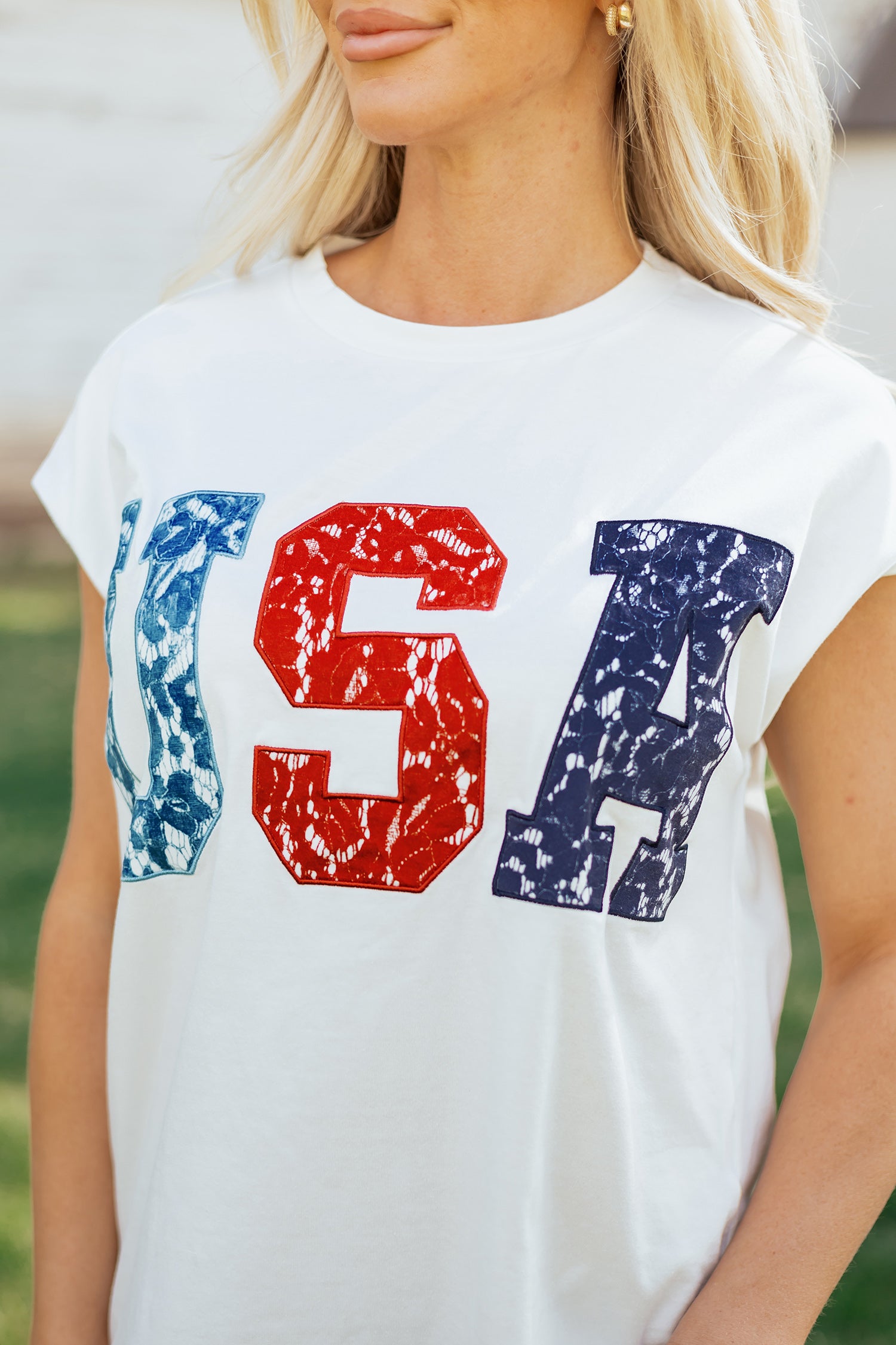 White USA Color Block Letter Printed Dolman Tee
