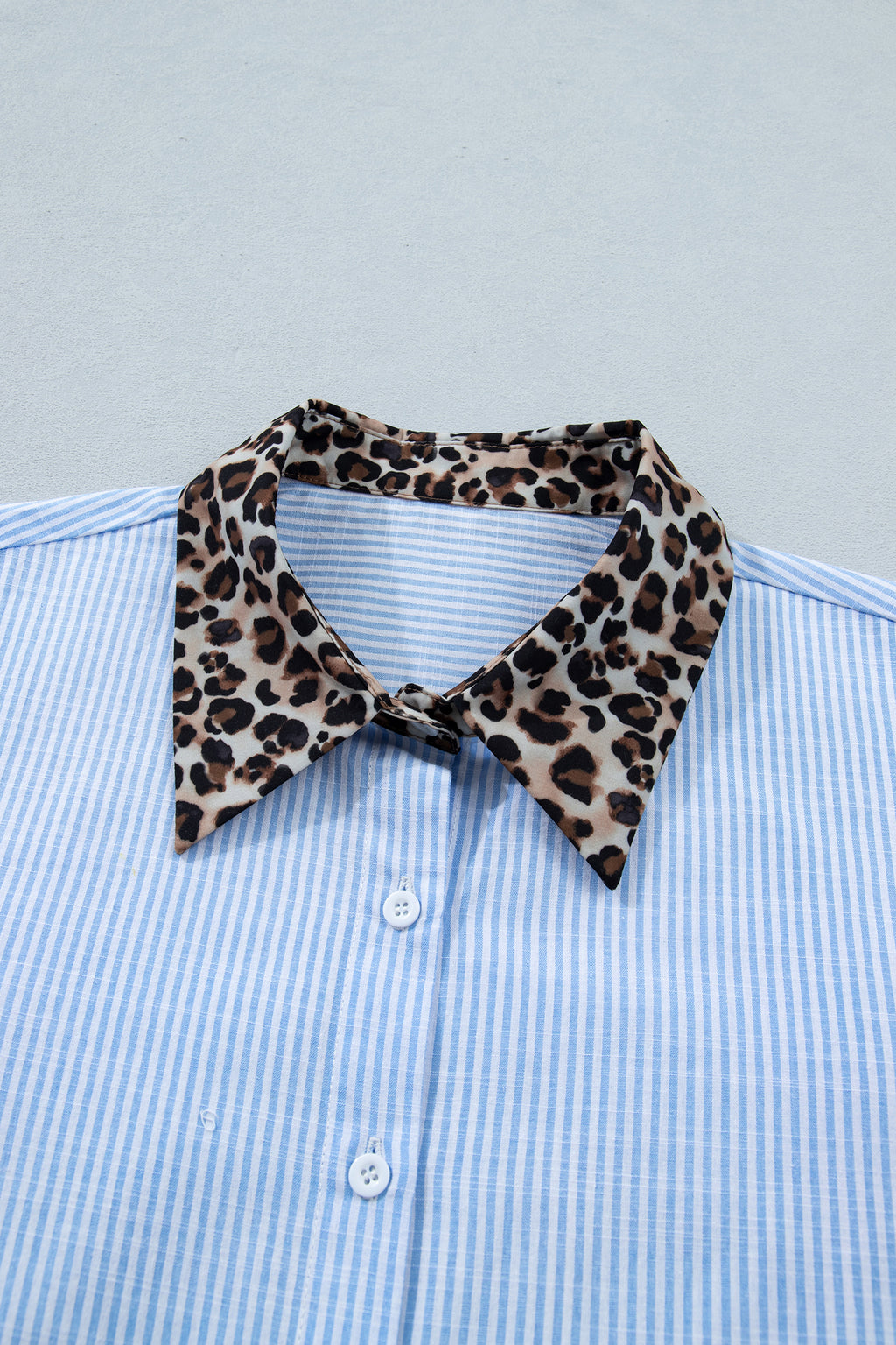 Sky Blue Stripe Leopard Contrast Collar Short Sleeve Shirt