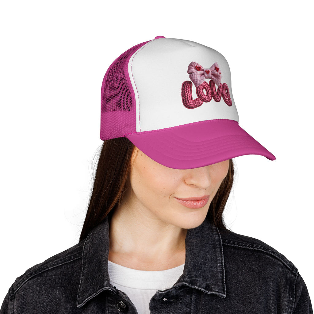 Love Bow Trucker Cap — Pink Embroidered Heart Ribbon Hat