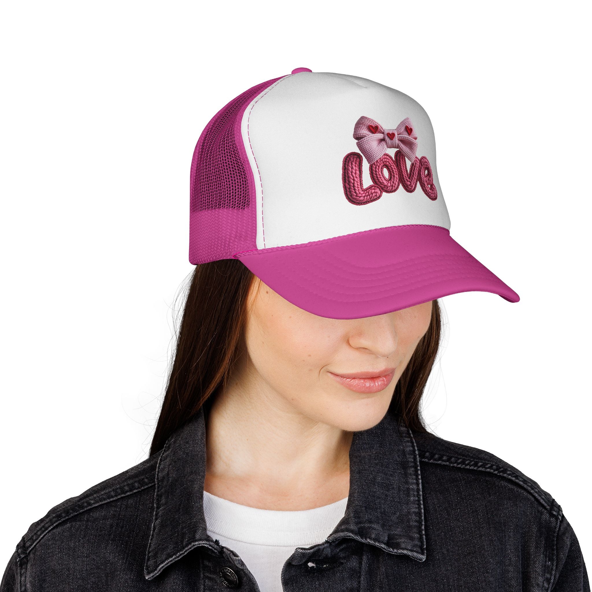 Love Bow Trucker Cap — Pink Embroidered Heart Ribbon Hat