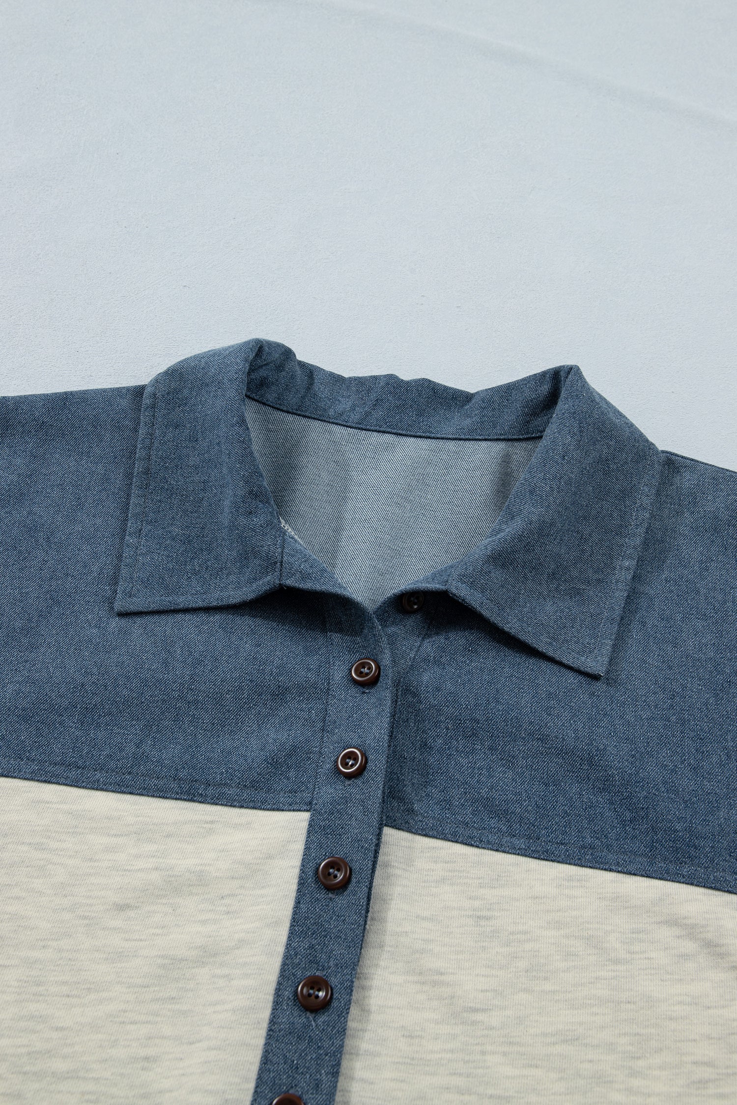 Light Grey Half Buttons Collared Denim Patchwork Plus Short Sleeve Top