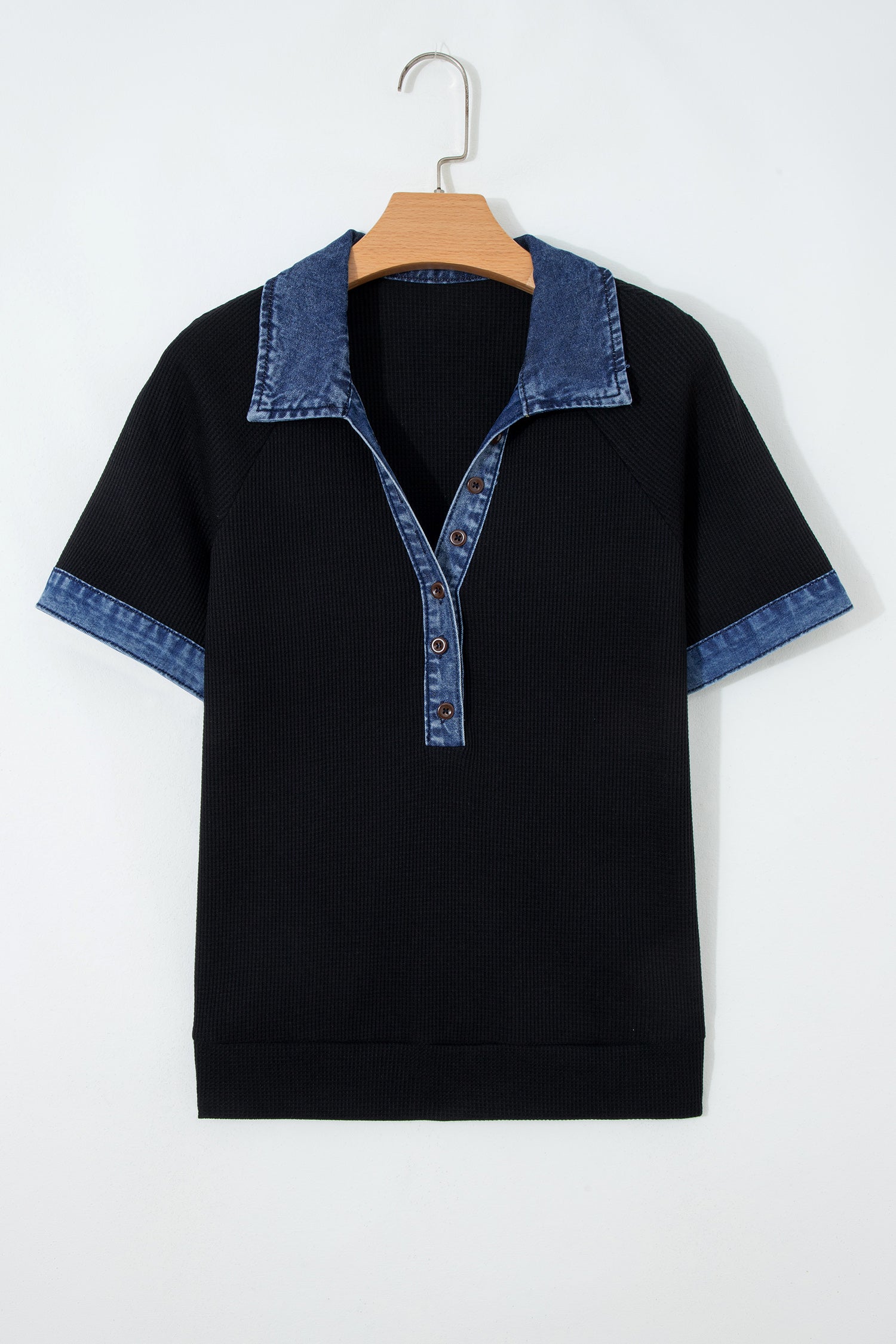 Black Waffle Knit Denim Contrast Top